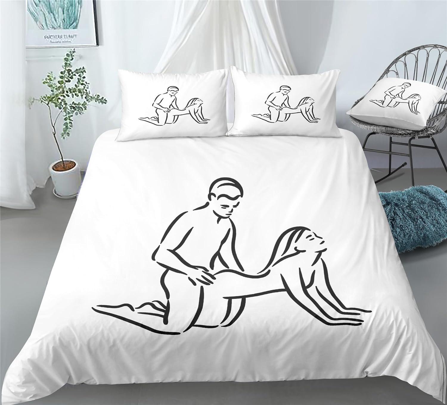 REALIN Passionate Couple Bedding Funny Love Warm Couple Duvet Cover Set Girl Boy Kids Bed Sets 2/3/4PCS Quilt Covers/Sheets/Pillow Shams,Twin/Full/Queen/King (B,King-229x259cm-3PCS)