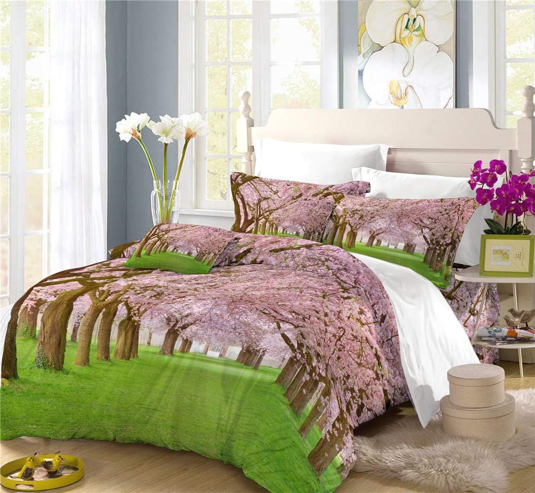 REALIN Peach Blossom Duvet Cover Set Spring Flower Bedding Pink Cherry Blossom Bed Sets 2/3/4PCS Quilt Covers/Sheets/Pillow Shams,Twin/Full/Queen/King (F,Queen-228x228cm-3PCS)