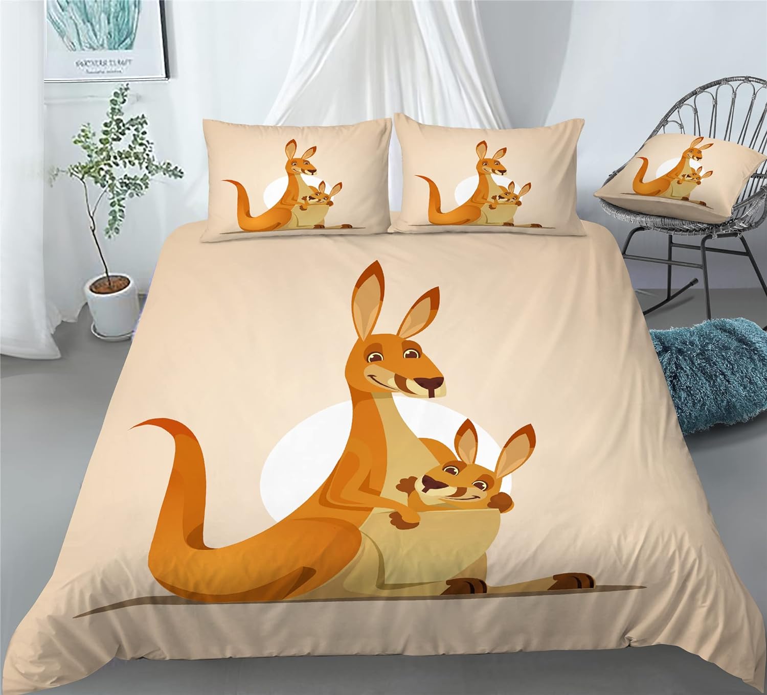 REALIN Cute Cartoon Animal Kangaroo Bedding Kangaroo Print Duvet Cover Set Girl Boy Kids Bed Sets 2/3/4PCS Quilt Covers/Sheets/Pillow Shams,Twin/Full/Queen/King (C,Full-200x229cm-3PCS)