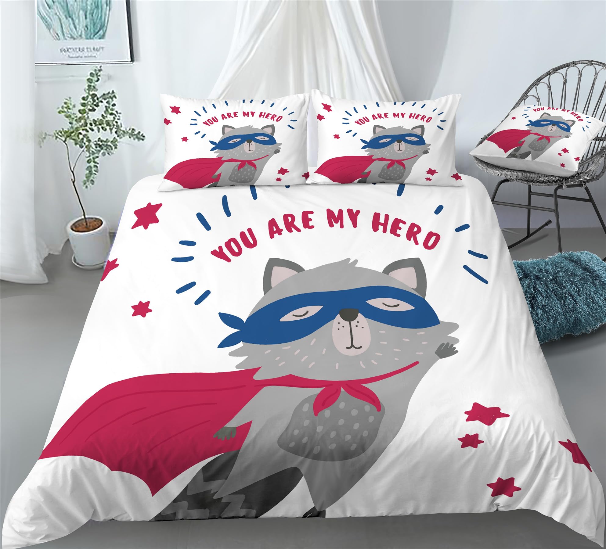 REALIN Cartoon Raccoon Duvet Cover Set Raccoon Animal Print Bedding Girl Boy Kids Bed Sets 2/3/4PCS Quilt Covers/Sheets/Pillow Shams,Twin/Full/Queen/King (C,Queen-228x228cm-4PCS)