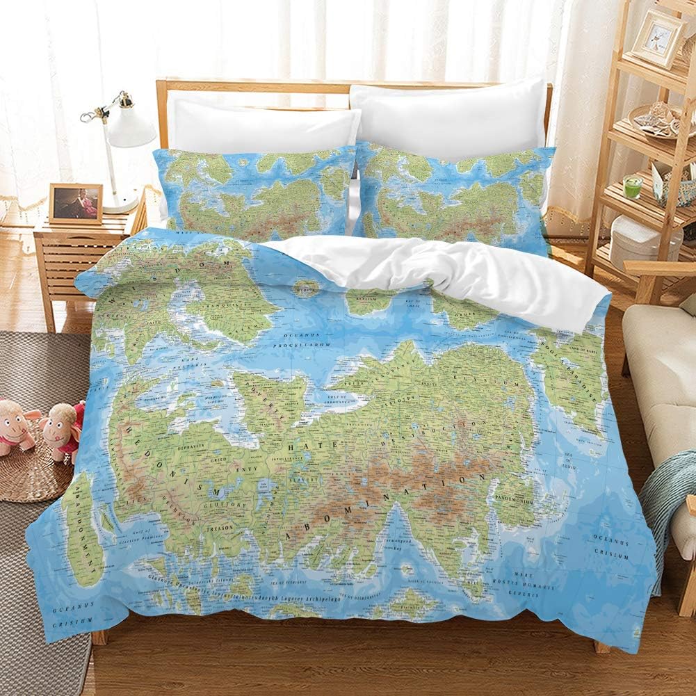REALIN World Map Duvet Cover Set 3D Bedding Warp and Weft Net Geography Bed Sets 2/3/4PCS Quilt Covers/Sheets/Pillow Shams,Twin/Full/Queen/King (Queen-228x228cm-3PCS,A)