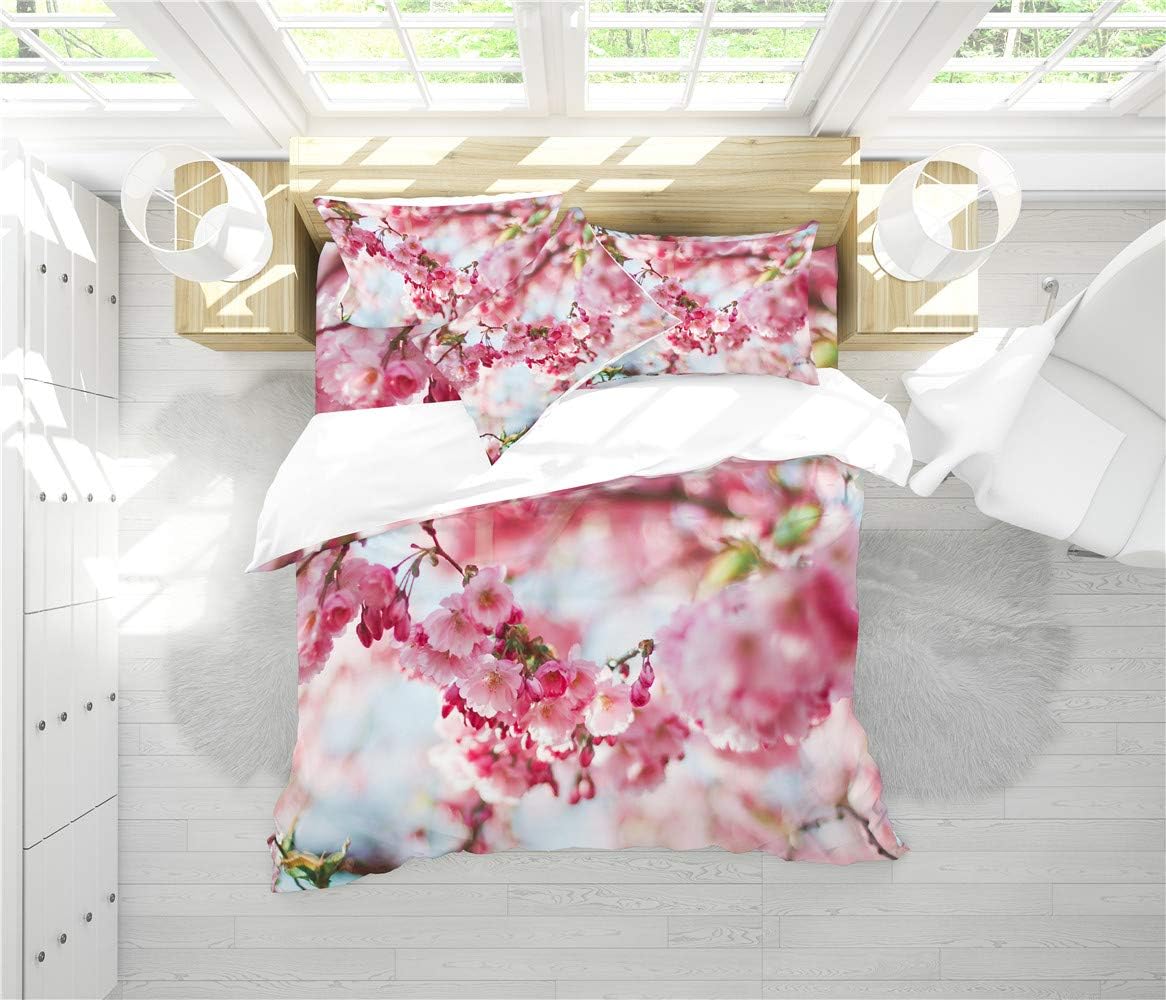 REALIN Pale Pink Peach Blossom Duvet Cover Set Cherry Blossom Bedding Spring is in Full Bloom Bed Sets 2/3/4PCS Quilt Covers/Sheets/Pillow Shams,Twin/Full/Queen/King (C,Twin-172x218cm-4PCS)