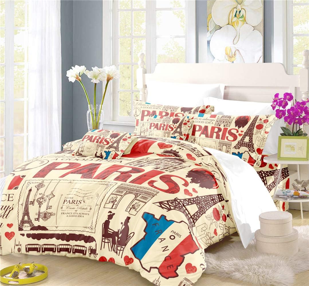 REALIN French Tricolor Duvet Cover Set Tricolor Paris Bedding Blue White Red Bed Sets 2/3/4PCS Colorful Quilt Covers/Sheets/Pillow Shams,Twin/Full/Queen/King (B,Queen-228x228cm-4PCS)