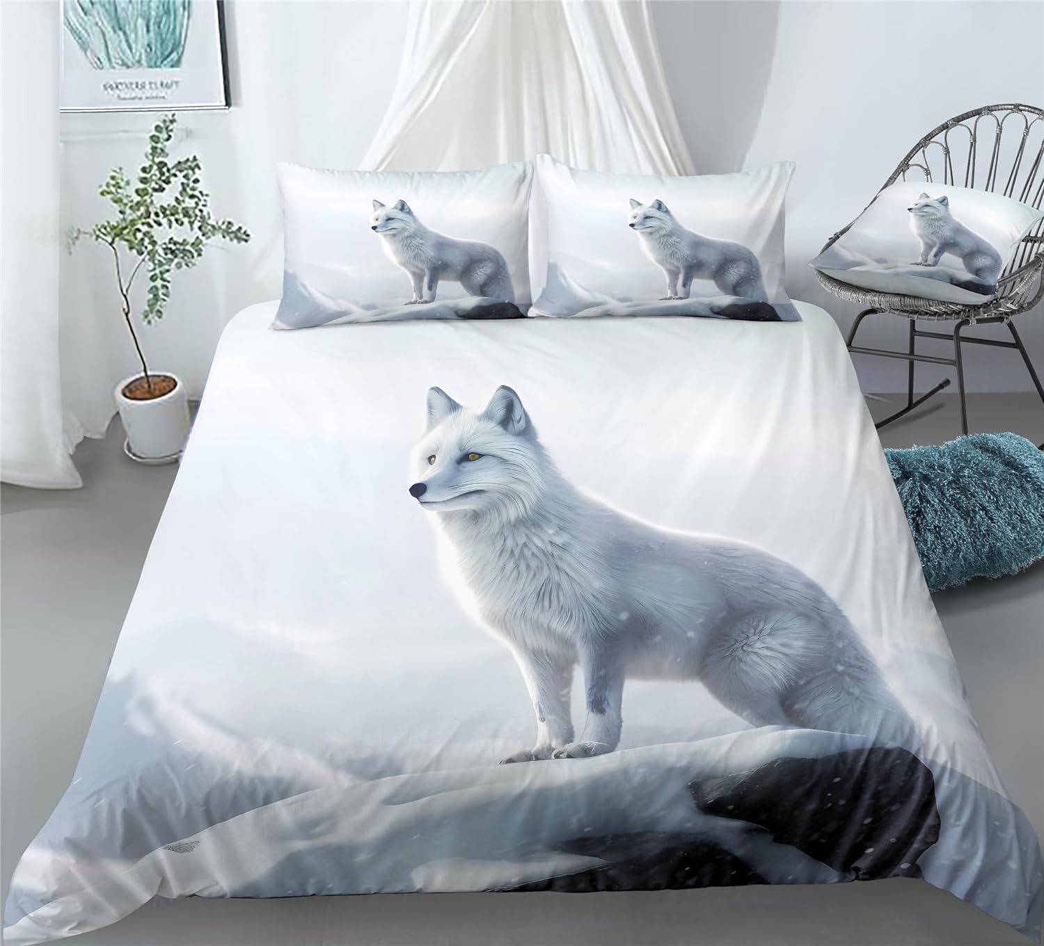 REALIN Cartoon Arctic Fox Animals Duvet Cover Set White Fox Animals Bedding Girl Boy Kids Bed Sets 2/3/4PCS Quilt Covers/Sheets/Pillow Shams,Twin/Full/Queen/King (B,Twin-172x218cm-3PCS)