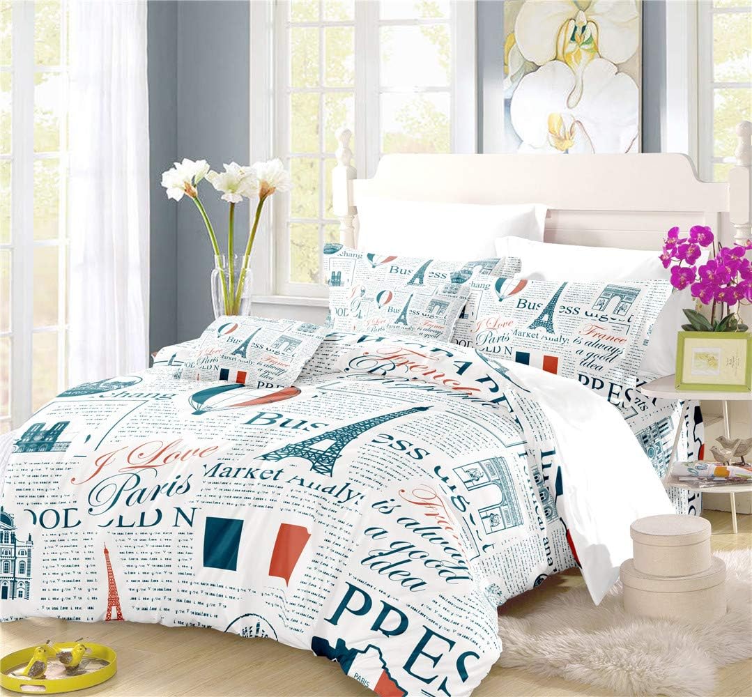 REALIN French Tricolor Duvet Cover Set Tricolor Paris Bedding Blue White Red Bed Sets 2/3/4PCS Colorful Quilt Covers/Sheets/Pillow Shams,Twin/Full/Queen/King (B,Queen-228x228cm-4PCS)