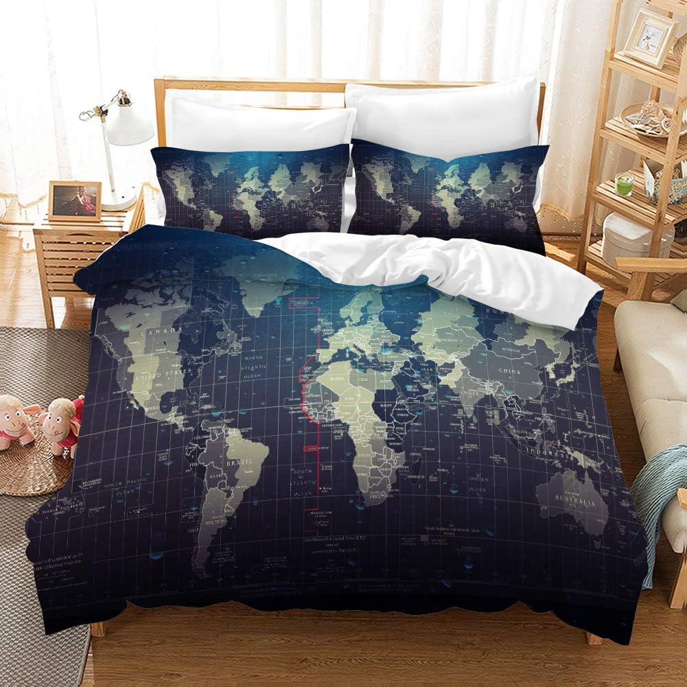 REALIN World Map Duvet Cover Set 3D Bedding Warp and Weft Net Geography Bed Sets 2/3/4PCS Quilt Covers/Sheets/Pillow Shams,Twin/Full/Queen/King (Queen-228x228cm-3PCS,A)