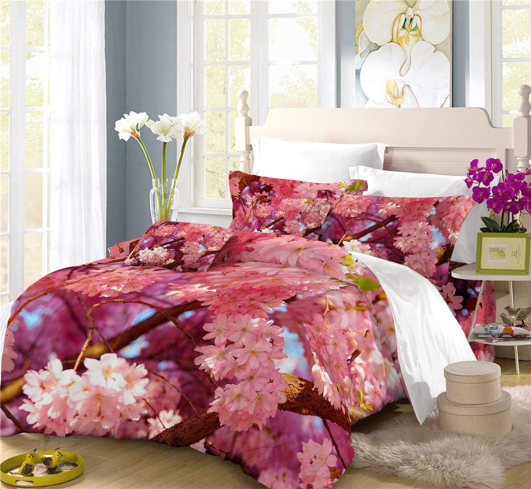 REALIN Peach Blossom Duvet Cover Set Spring Flower Bedding Pink Cherry Blossom Bed Sets 2/3/4PCS Quilt Covers/Sheets/Pillow Shams,Twin/Full/Queen/King (F,Queen-228x228cm-3PCS)