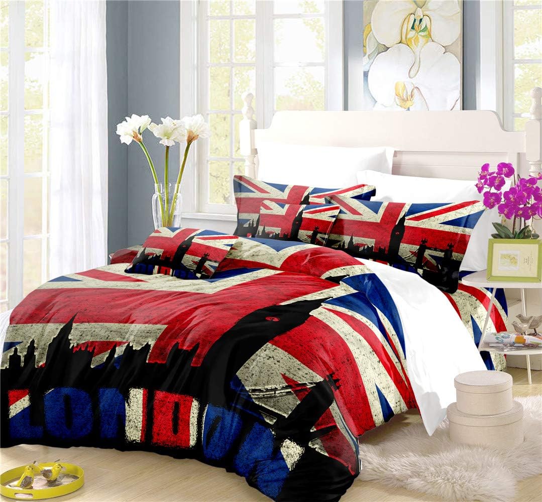 REALIN The Union Jack Duvet Cover Set British Flag Bedding Big Ben Dirty Vintage Bed Sets 2/3/4PCS Quilt Covers/Sheets/Pillow Shams,Twin/Full/Queen/King (E,Queen-228x228cm-3PCS)