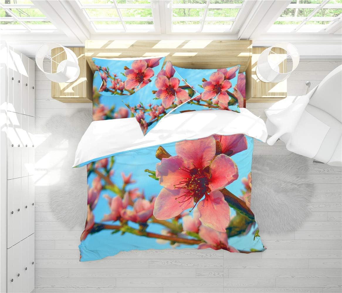 REALIN Pale Pink Peach Blossom Duvet Cover Set Cherry Blossom Bedding Spring is in Full Bloom Bed Sets 2/3/4PCS Quilt Covers/Sheets/Pillow Shams,Twin/Full/Queen/King (C,Twin-172x218cm-4PCS)