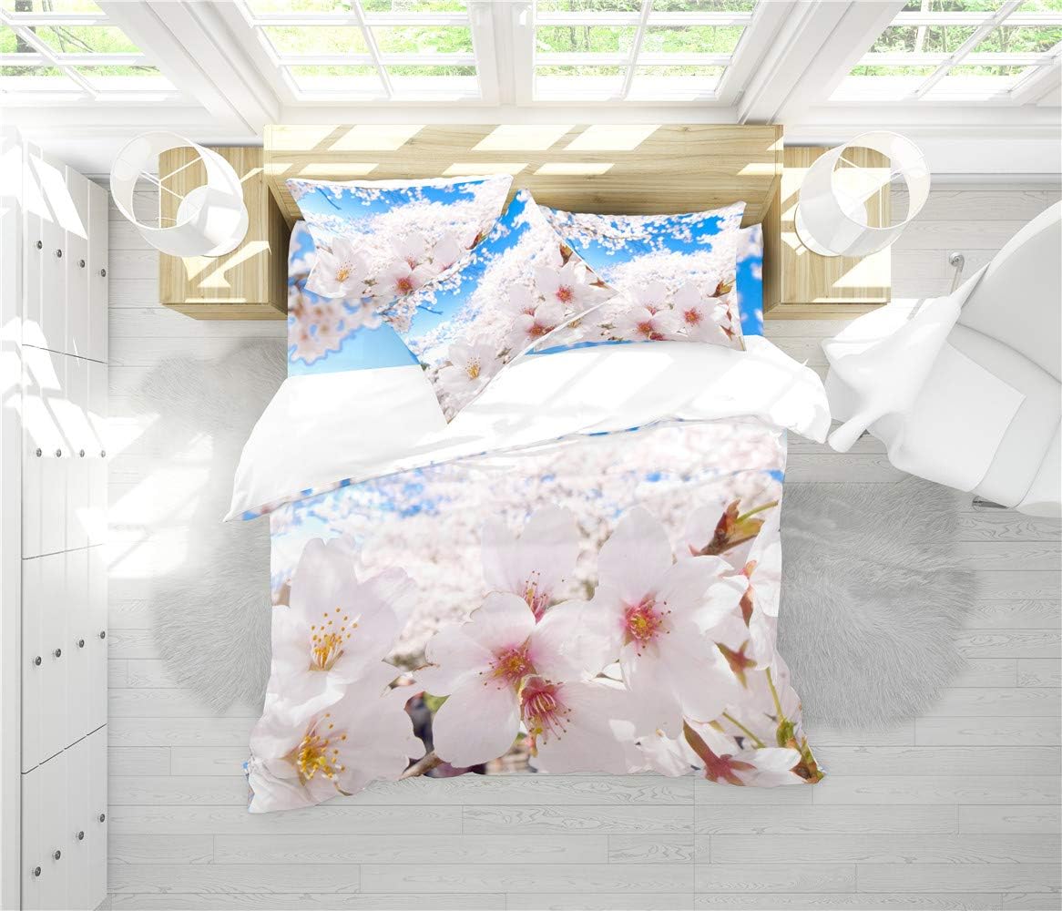 REALIN Pale Pink Peach Blossom Duvet Cover Set Cherry Blossom Bedding Spring is in Full Bloom Bed Sets 2/3/4PCS Quilt Covers/Sheets/Pillow Shams,Twin/Full/Queen/King (C,Twin-172x218cm-4PCS)