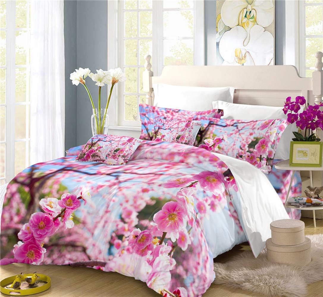 REALIN Peach Blossom Duvet Cover Set Spring Flower Bedding Pink Cherry Blossom Bed Sets 2/3/4PCS Quilt Covers/Sheets/Pillow Shams,Twin/Full/Queen/King (F,Queen-228x228cm-3PCS)