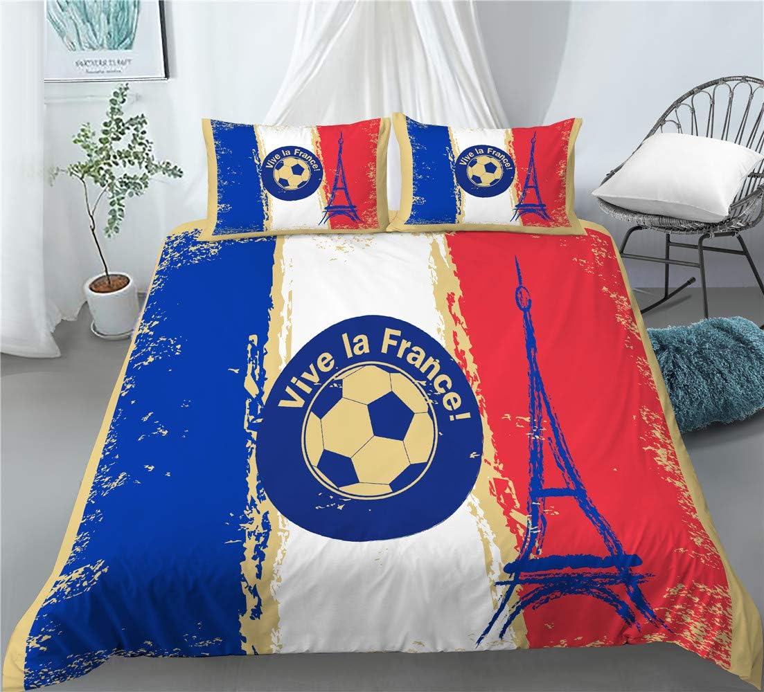 REALIN France National Men's Football Team Duvet Cover Set Soccer Ball Bedding Balls Sports Bed Sets 2/3/4PCS Quilt Covers/Sheets/Pillow Shams,Twin/Full/Queen/King (B,Full-200x229cm-4PCS)