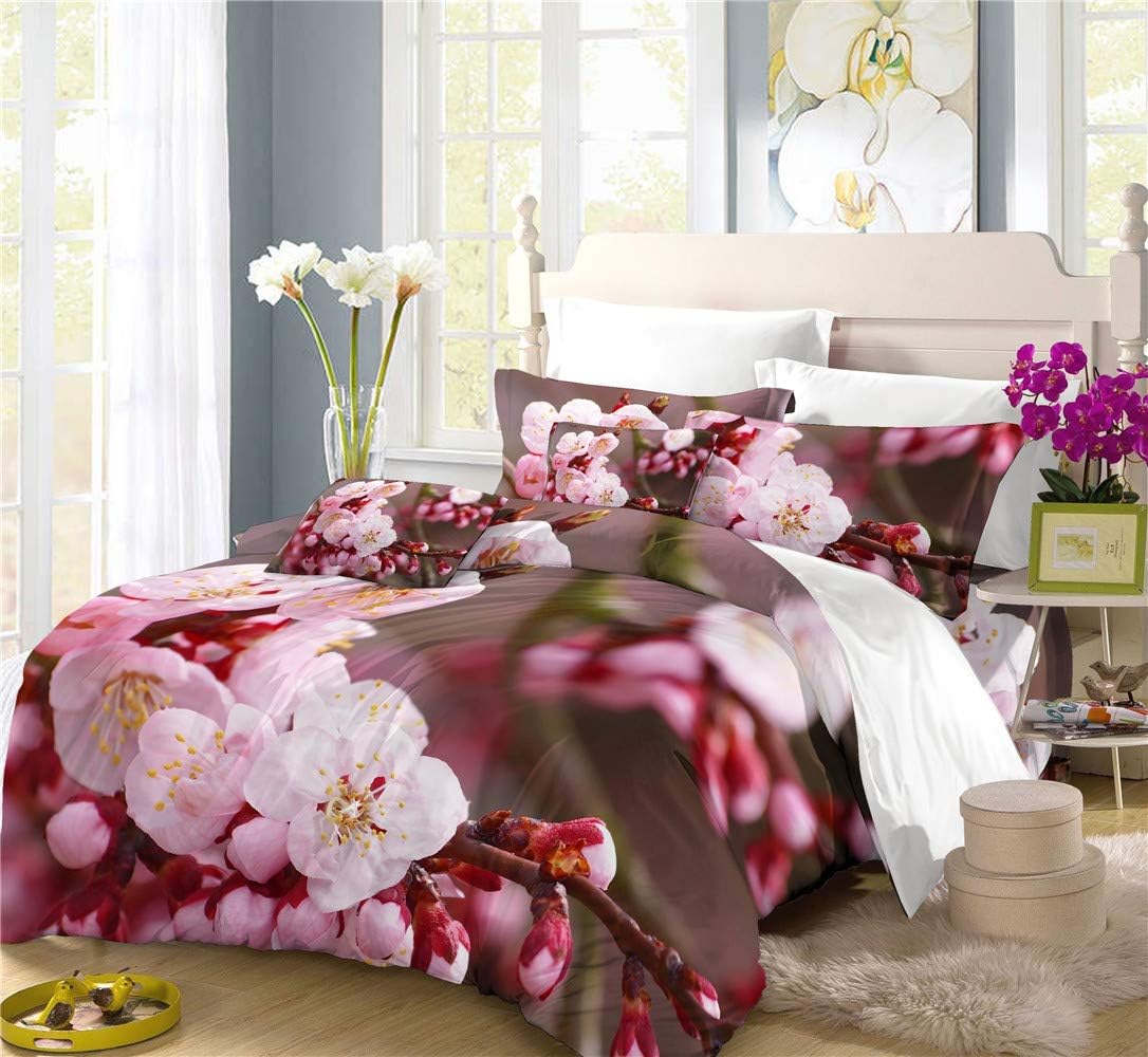 REALIN Peach Blossom Duvet Cover Set Spring Flower Bedding Pink Cherry Blossom Bed Sets 2/3/4PCS Quilt Covers/Sheets/Pillow Shams,Twin/Full/Queen/King (F,Queen-228x228cm-3PCS)