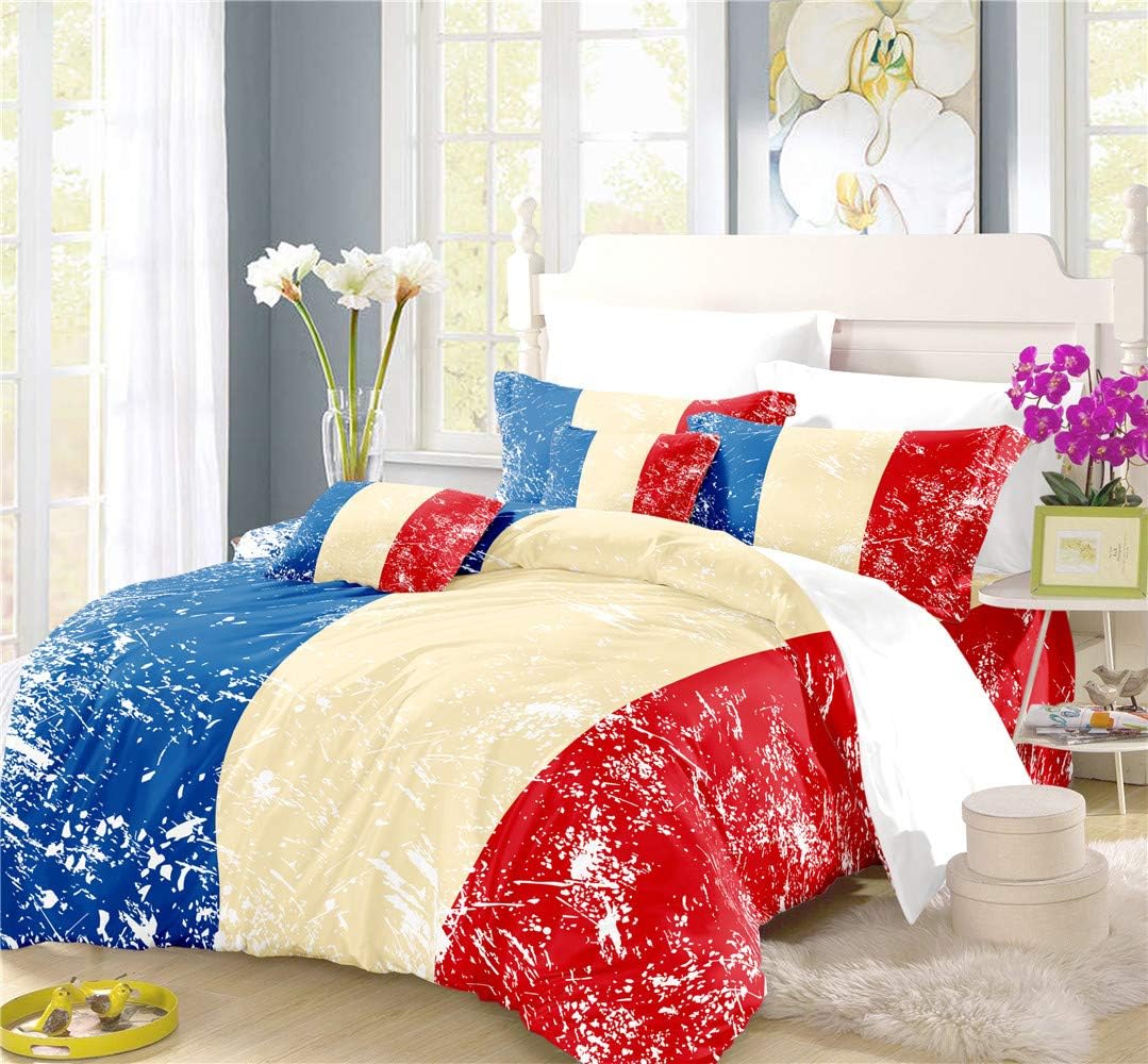 REALIN French Tricolor Duvet Cover Set Tricolor Paris Bedding Blue White Red Bed Sets 2/3/4PCS Colorful Quilt Covers/Sheets/Pillow Shams,Twin/Full/Queen/King (B,Queen-228x228cm-4PCS)