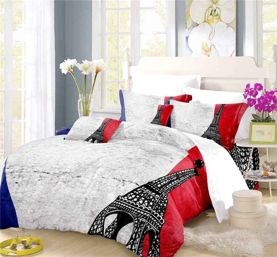 REALIN French Tricolor Duvet Cover Set Tricolor Paris Bedding Blue White Red Bed Sets 2/3/4PCS Colorful Quilt Covers/Sheets/Pillow Shams,Twin/Full/Queen/King (B,Queen-228x228cm-4PCS)