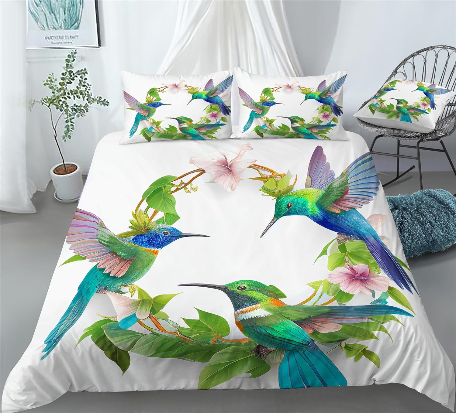 REALIN Hummingbird Bedding Birds Small Bird Animal Cute Animals Duvet Cover Set Girl Boy Kids Bed Sets 2/3/4PCS Quilt Covers/Sheets/Pillow Shams,Twin/Full/Queen/King (C,Queen-228x228cm-4PCS)