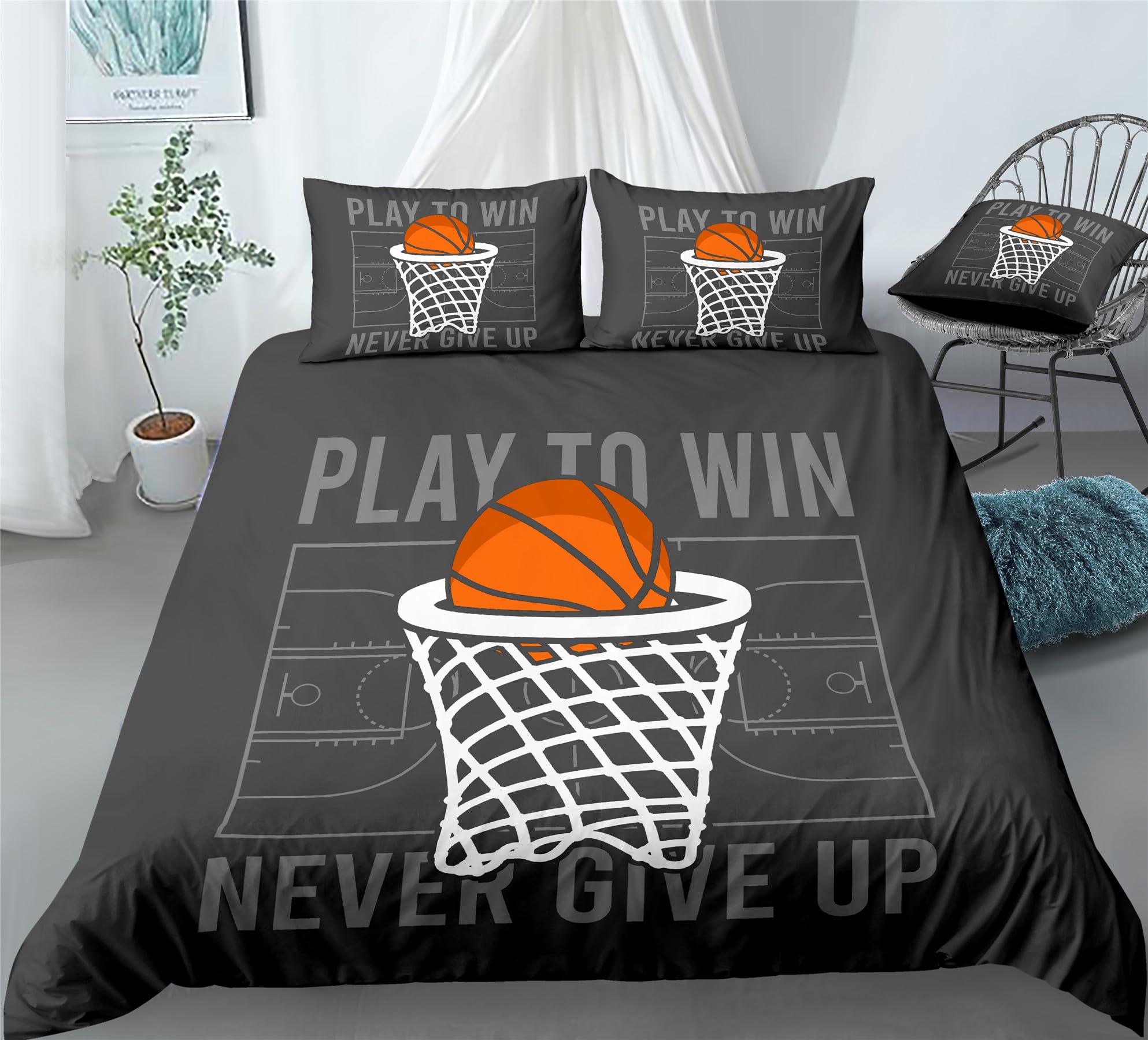 REALIN Cartoon Basketball Shoot Duvet Cover Set Basketball Sports Bedding Girl Boy Kids Bed Sets 2/3/4PCS Quilt Covers/Sheets/Pillow Shams,Twin/Full/Queen/King (C,Twin-172x218cm-4PCS)