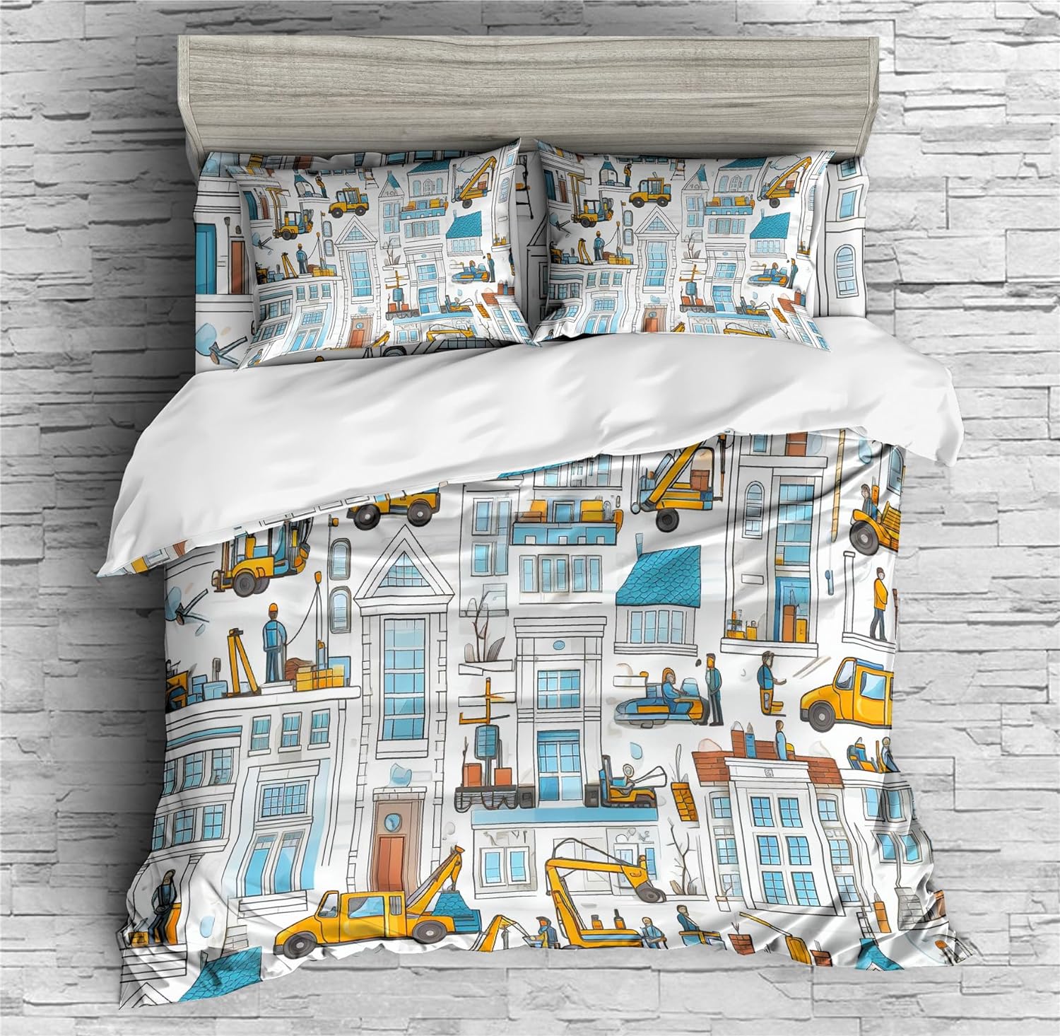 REALIN Truck Printed Duvet Cover Set Children Construction Vehicle Bedding Girl Boy Kids Bed Sets 2/3/4PCS Quilt Covers/Sheets/Pillow Shams,Twin/Full/Queen/King (C,Queen-228x228cm-3PCS)