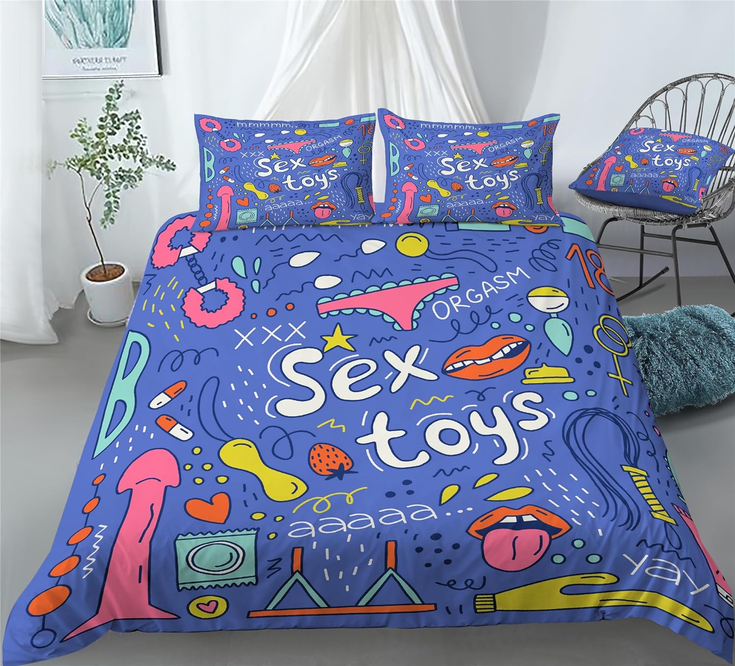 REALIN Cartoon Dick Bedding Hand-Painted Dick Printed Decorative Duvet Cover Set Girl Boy Kids Bed Sets 2/3/4PCS Quilt Covers/Sheets/Pillow Shams,Twin/Full/Queen/King (A,King-229x259cm-4PCS)