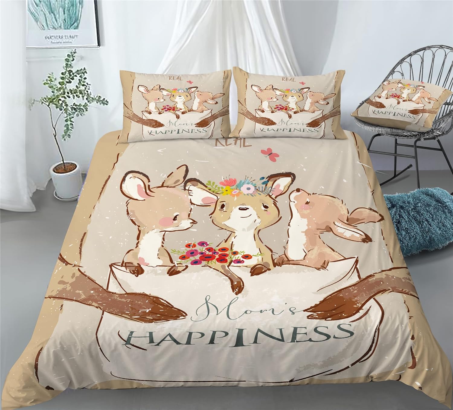 REALIN Cute Cartoon Animal Kangaroo Bedding Kangaroo Print Duvet Cover Set Girl Boy Kids Bed Sets 2/3/4PCS Quilt Covers/Sheets/Pillow Shams,Twin/Full/Queen/King (C,Full-200x229cm-3PCS)