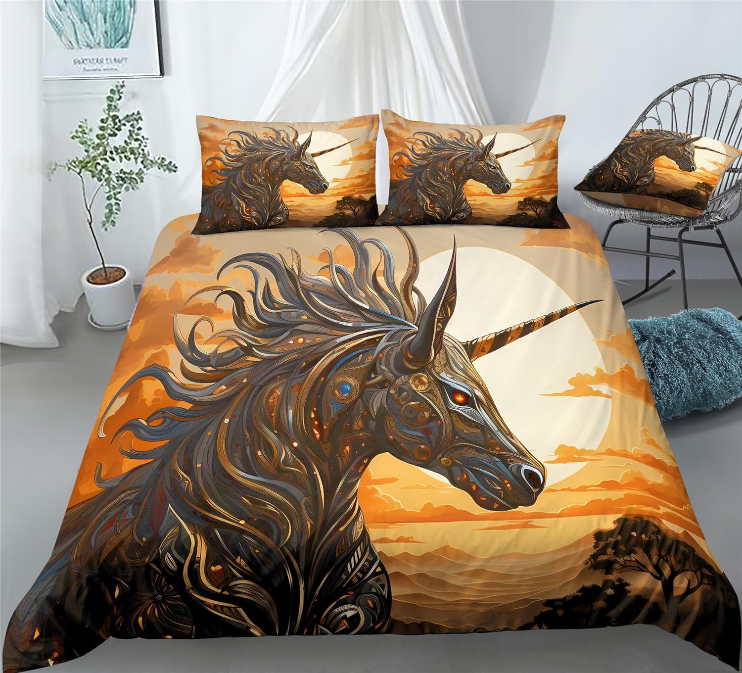 REALIN Unicorn Wildlife Bedding African Style Unicorn Duvet Cover Set Girl Boy Kids Bed Sets 2/3/4PCS Quilt Covers/Sheets/Pillow Shams,Twin/Full/Queen/King (C,Full-200x229cm-3PCS)