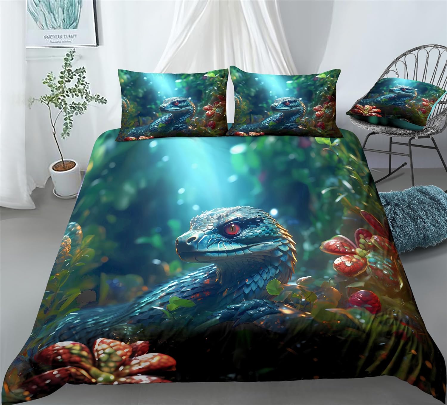 REALIN Python Snake Themed Duvet Cover Set Python Tropical and Rainforest Bedding Girl Boy Kids Bed Sets 2/3/4PCS Quilt Covers/Sheets/Pillow Shams,Twin/Full/Queen/King (B,Twin-172x218cm-3PCS)