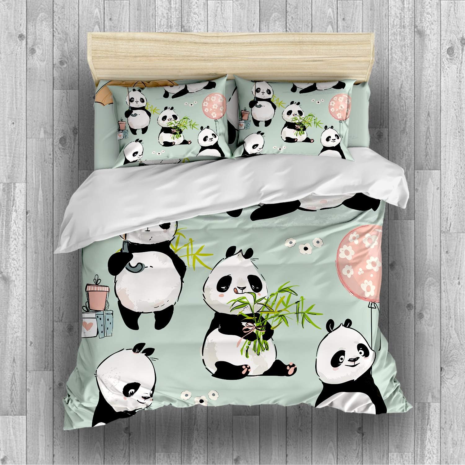 REALIN Panda Bedding Pink Blue Green Cartoon Panda Duvet Cover Set Colorful Hot Air Balloon Bed Sets,2/3/4PCS Microfiber Quilt Covers/Sheets/Pillow Shams,Twin/Full/Queen/King Size