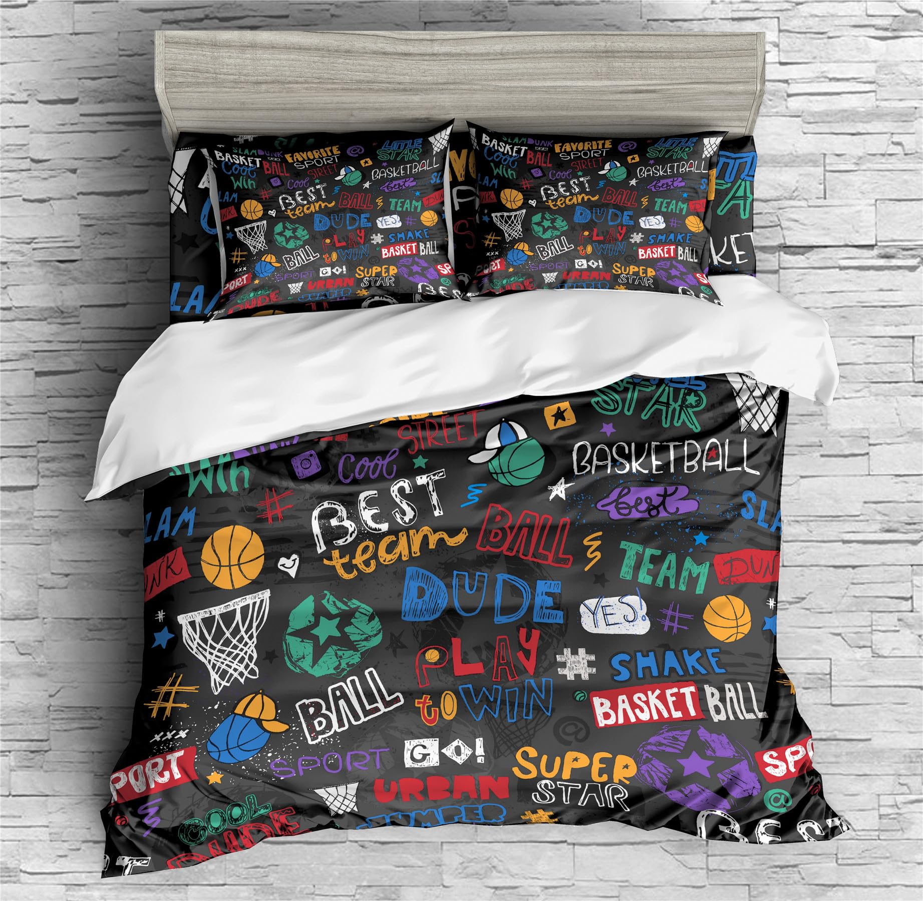 REALIN Basketball Cartoon Basketball Duvet Cover Set Basketball Slogans Bedding Girl Boy Kids Bed Sets 2/3/4PCS Quilt Covers/Sheets/Pillow Shams,Twin/Full/Queen/King (A,Twin-172x218cm-4PCS)