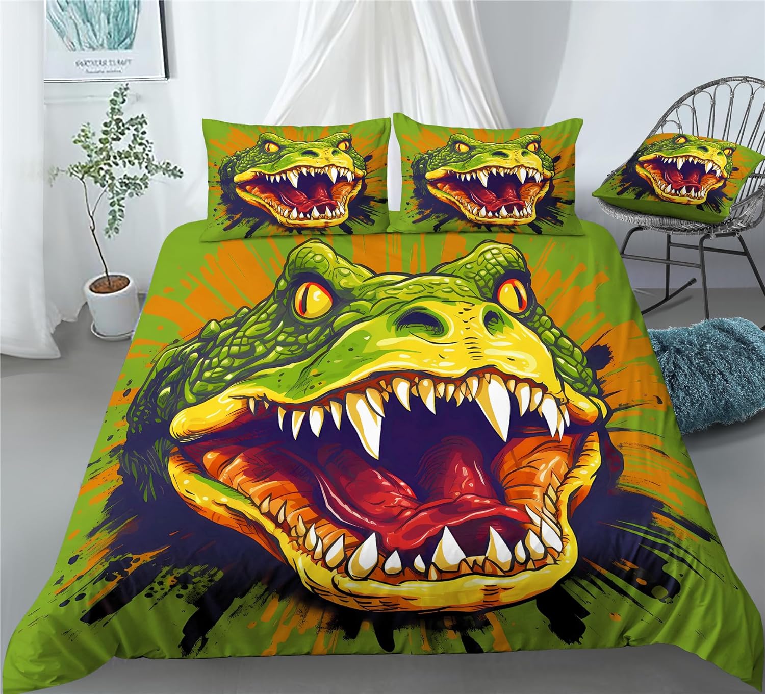 REALIN Crocodiles Animals Bedding Fierce Animals Crocodile Prints Duvet Cover Set Girl Boy Kids Bed Sets 2/3/4PCS Quilt Covers/Sheets/Pillow Shams,Twin/Full/Queen/King (B,Full-200x229cm-3PCS)