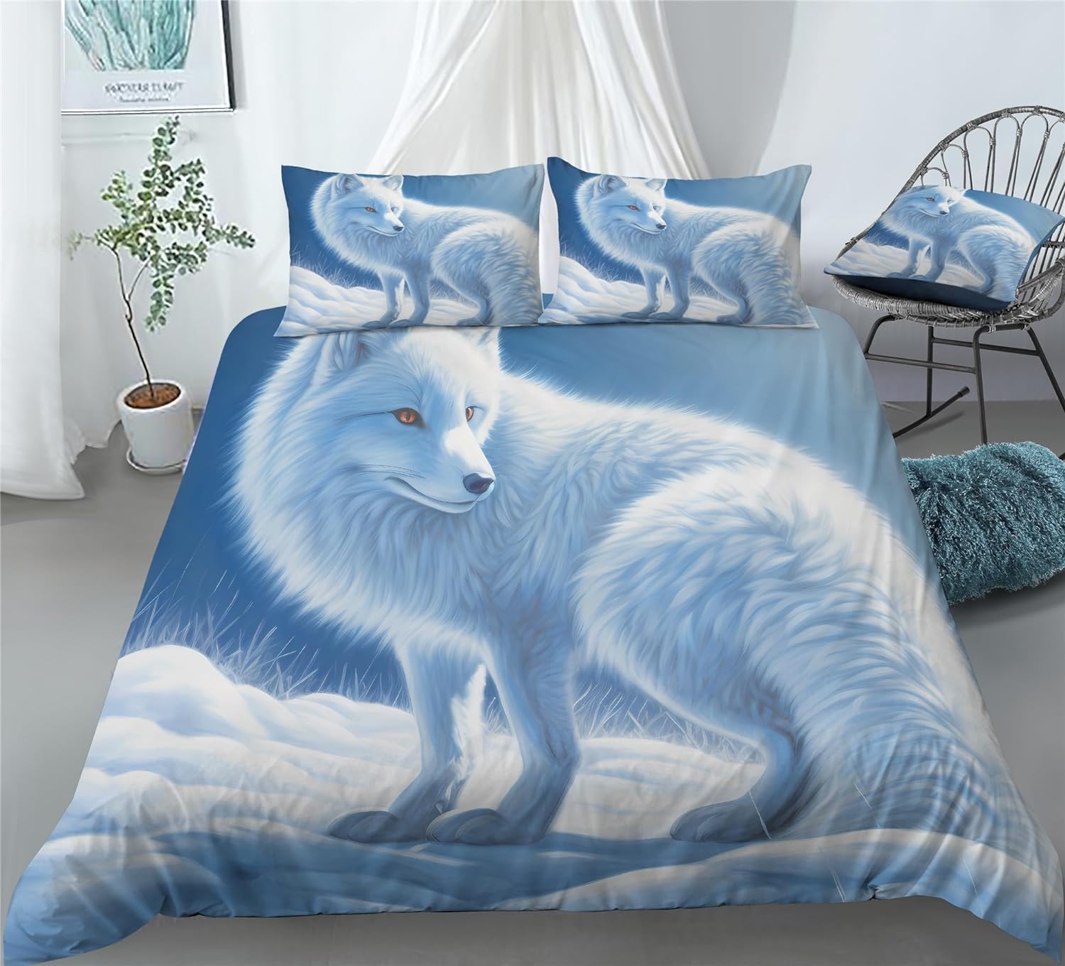REALIN Snow Fox Animals Bedding Arctic Fox Wildlife Duvet Cover Set Girl Boy Kids Bed Sets 2/3/4PCS Quilt Covers/Sheets/Pillow Shams,Twin/Full/Queen/King (C,Queen-228x228cm-4PCS)