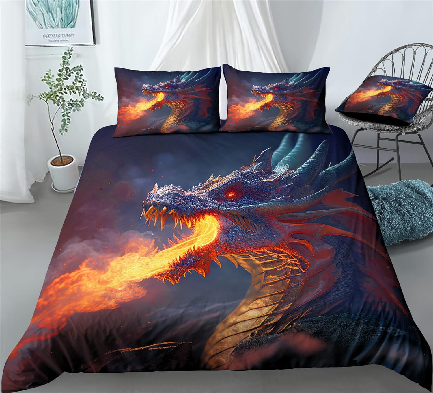 REALIN Dragon Duvet Cover Set Fire-Breathing Dragon for Boys Children Bedding Girl Boy Kids Bed Sets 2/3/4PCS Quilt Covers/Sheets/Pillow Shams,Twin/Full/Queen/King (B,Twin-172x218cm-4PCS)