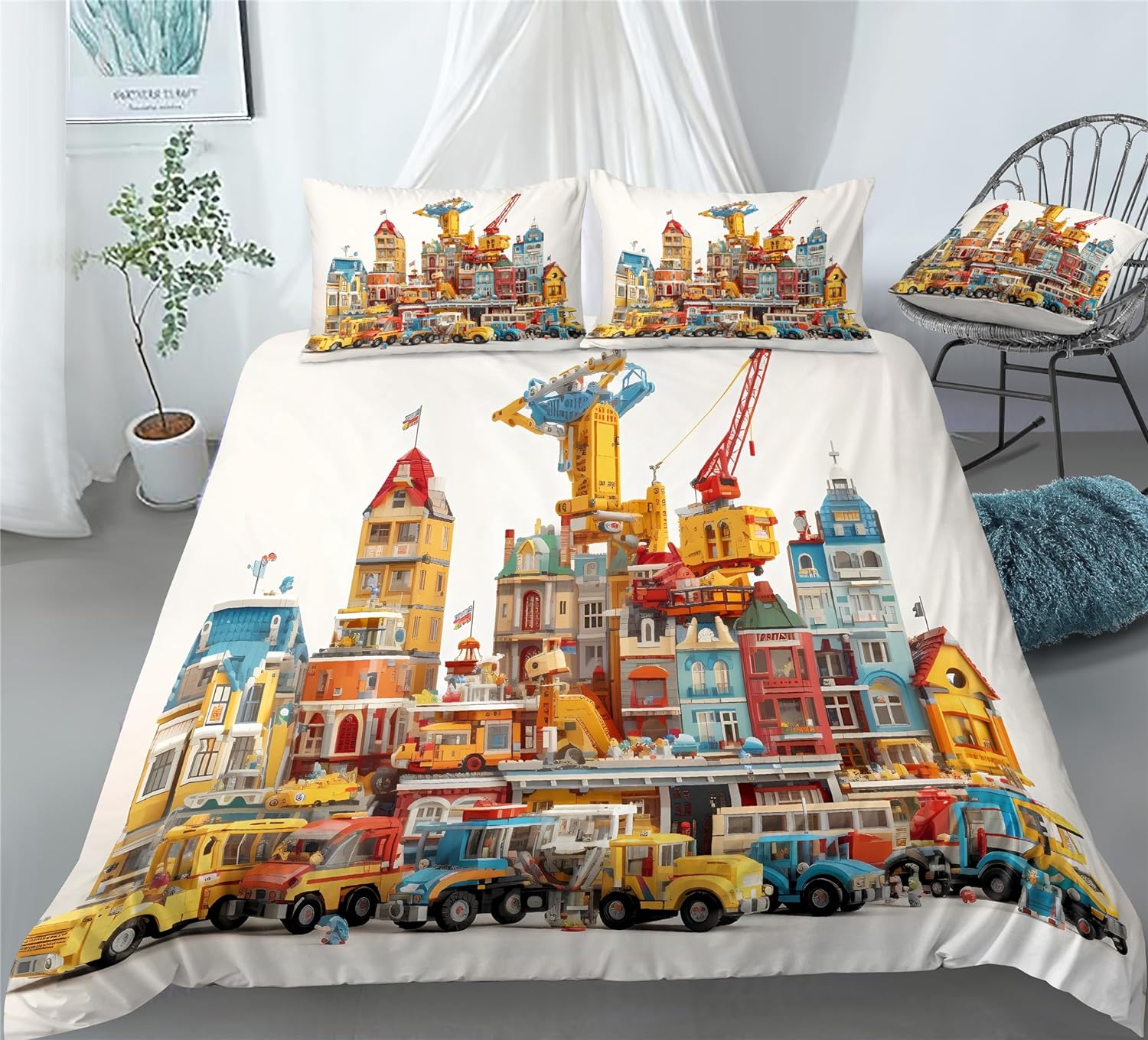 REALIN Engineering Vehicles Prints Bedding Cartoon Engineering Vehicle Duvet Cover Set Bed Sets 2/3/4PCS Quilt Covers/Sheets/Pillow Shams,Twin/Full/Queen/King (B,Twin-172x218cm-4PCS)