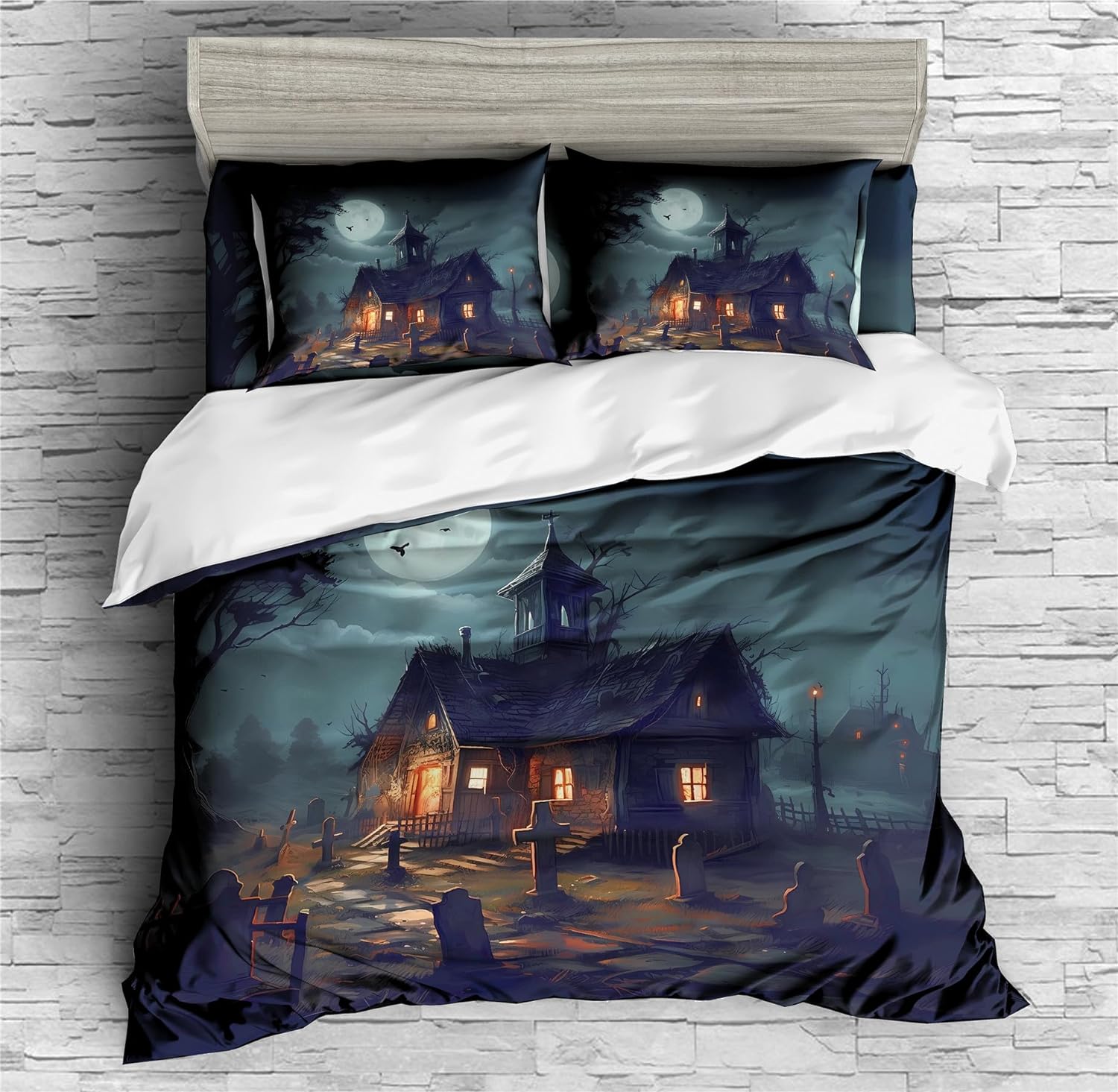 REALIN Haunted House Duvet Cover Set Halloween Scary Tombstone Bedding Girl Boy Kids Bed Sets 2/3/4PCS Quilt Covers/Sheets/Pillow Shams,Twin/Full/Queen/King (A,Twin-172x218cm-4PCS)