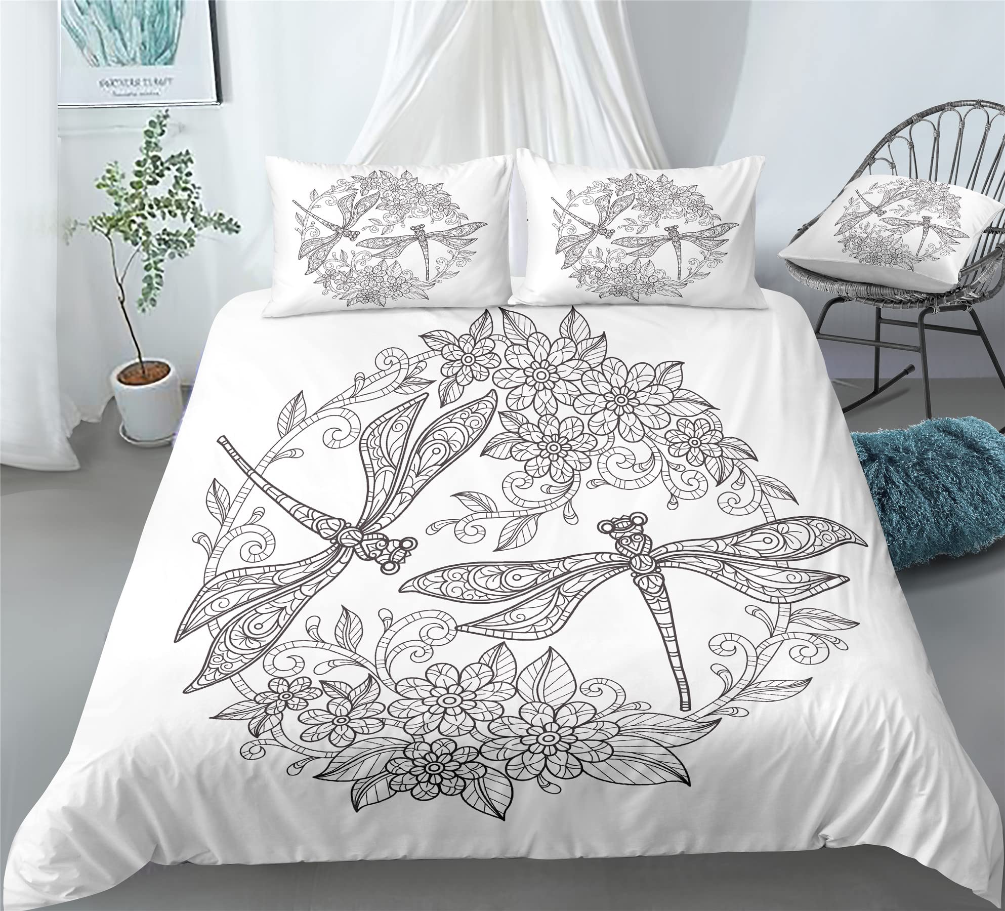 REALIN Dragonfly Duvet Cover Set Dragonflies Cartoon Insect Decoration Bedding Girl Boy Kids Bed Sets 2/3/4PCS Quilt Covers/Sheets/Pillow Shams,Twin/Full/Queen/King (A,Full-200x229cm-4PCS)