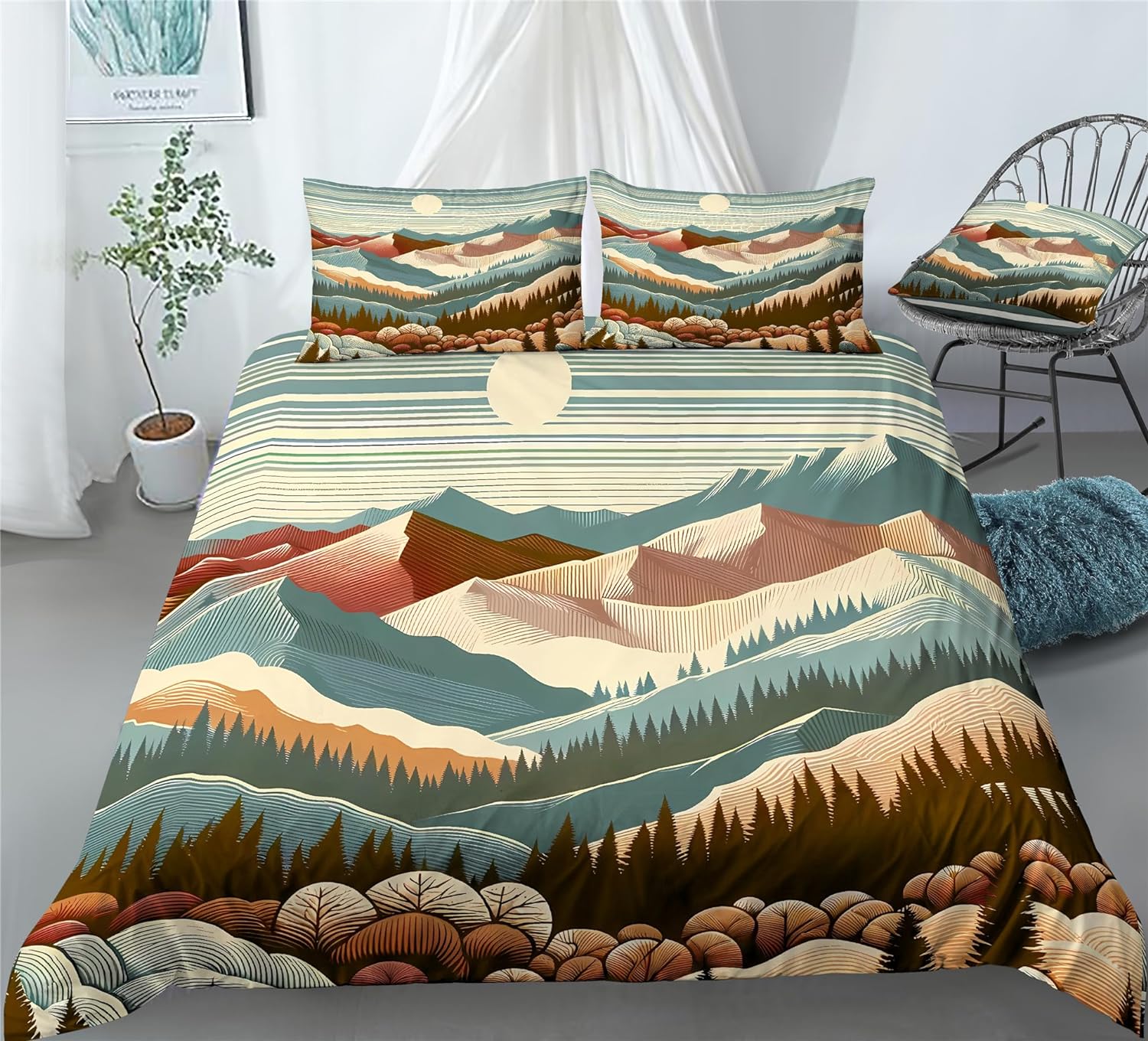 REALIN Mountain Range Fairyland Bedding Forests Mountain River Duvet Cover Set Girl Boy Kids Bed Sets 2/3/4PCS Quilt Covers/Sheets/Pillow Shams,Twin/Full/Queen/King (C,Queen-228x228cm-3PCS)