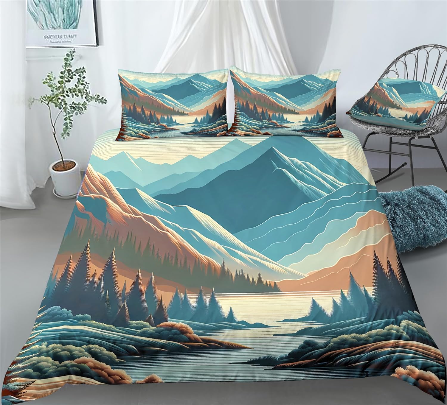 REALIN Hawthorn Bedding 3D Duvet Cover Set Japan Forest Mountain River Bed Sets 2/3/4PCS Quilt Covers/Sheets/Pillow Shams,Twin/Full/Queen/King (Queen-228x228cm-3PCS,G)