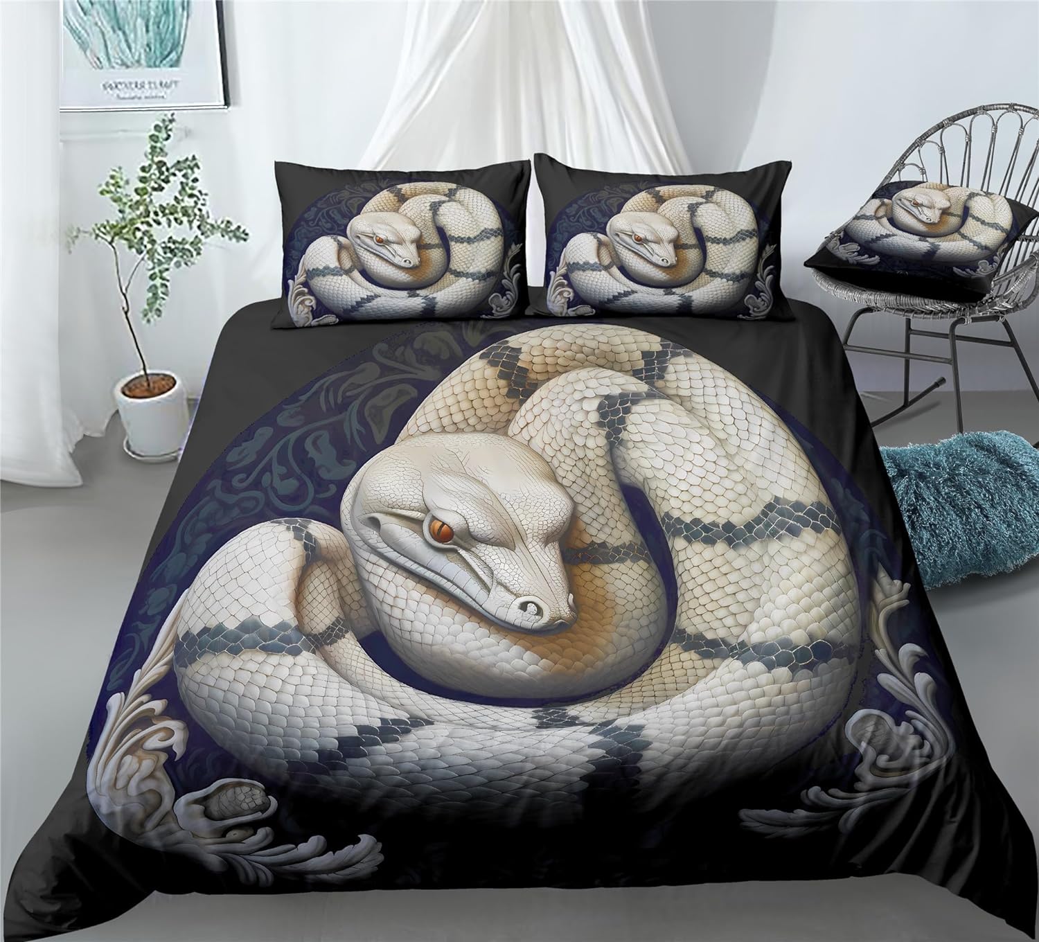 REALIN Python Wildlife Bedding Tropical Rainforest Python Snake Duvet Cover Set Girl Boy Kids Bed Sets 2/3/4PCS Quilt Covers/Sheets/Pillow Shams,Twin/Full/Queen/King (B,King-229x259cm-3PCS)