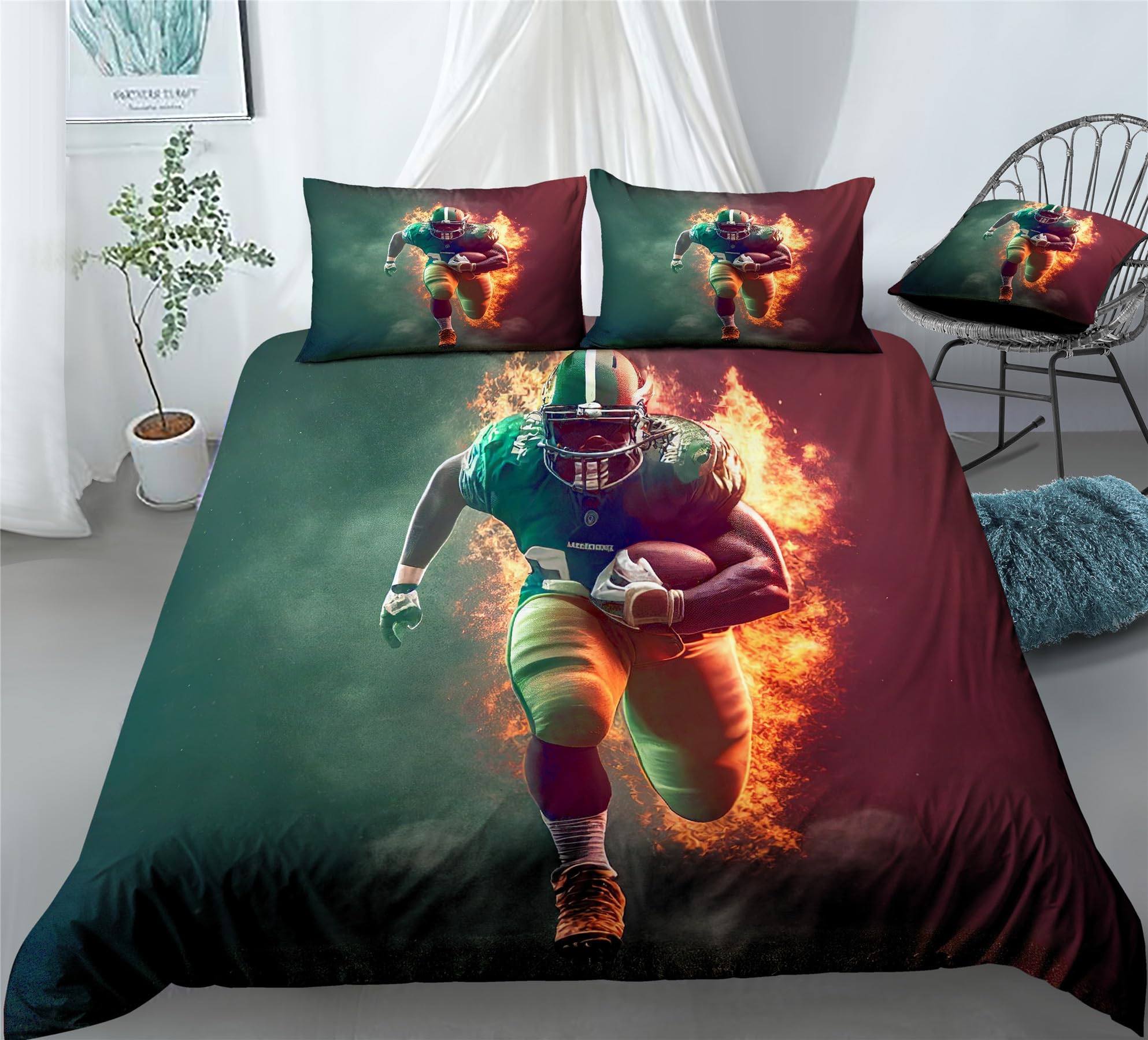 REALIN Running Rugby Player Duvet Cover Set Retro Footballer Bedding Girl Boy Kids Bed Sets 2/3/4PCS Quilt Covers/Sheets/Pillow Shams,Twin/Full/Queen/King (B,King-229x259cm-4PCS)