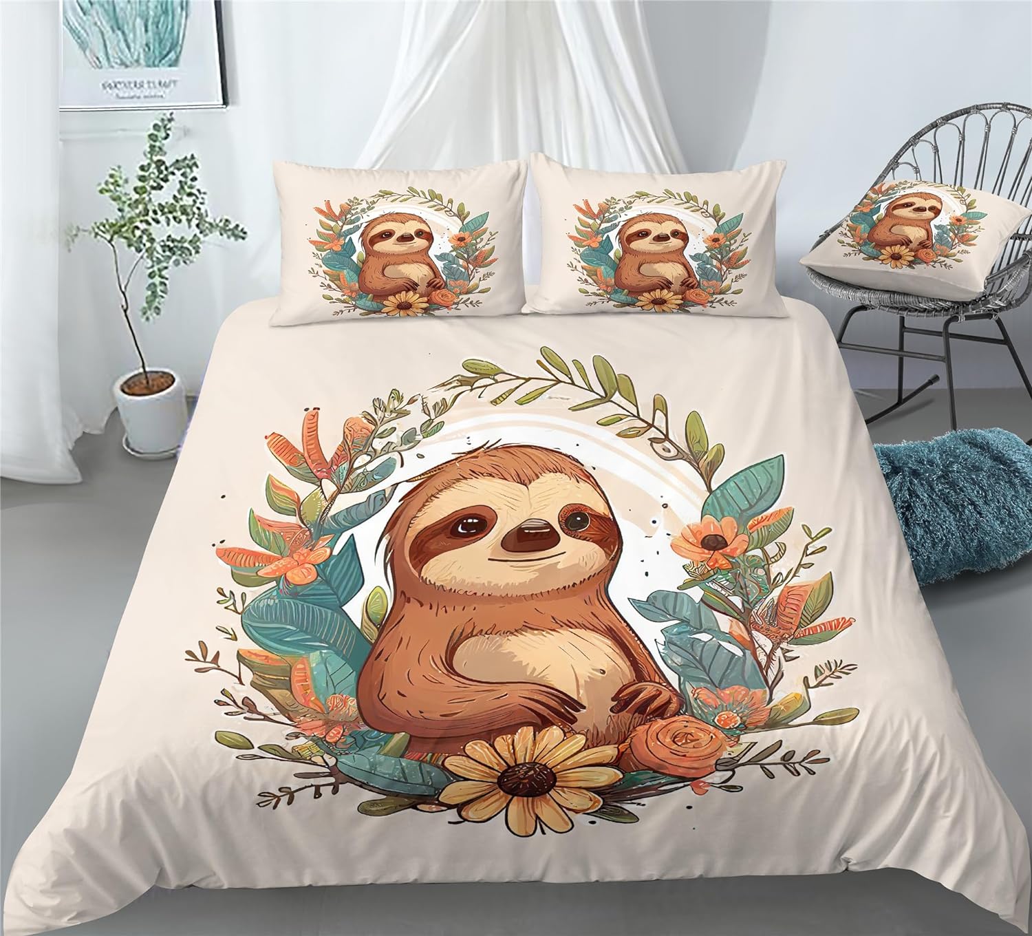 REALIN Forests Sloth Duvet Cover Set Hugging A Tree Sleeping Sloth Bedding Girl Boy Kids Bed Sets 2/3/4PCS Quilt Covers/Sheets/Pillow Shams,Twin/Full/Queen/King (B,Full-200x229cm-4PCS)