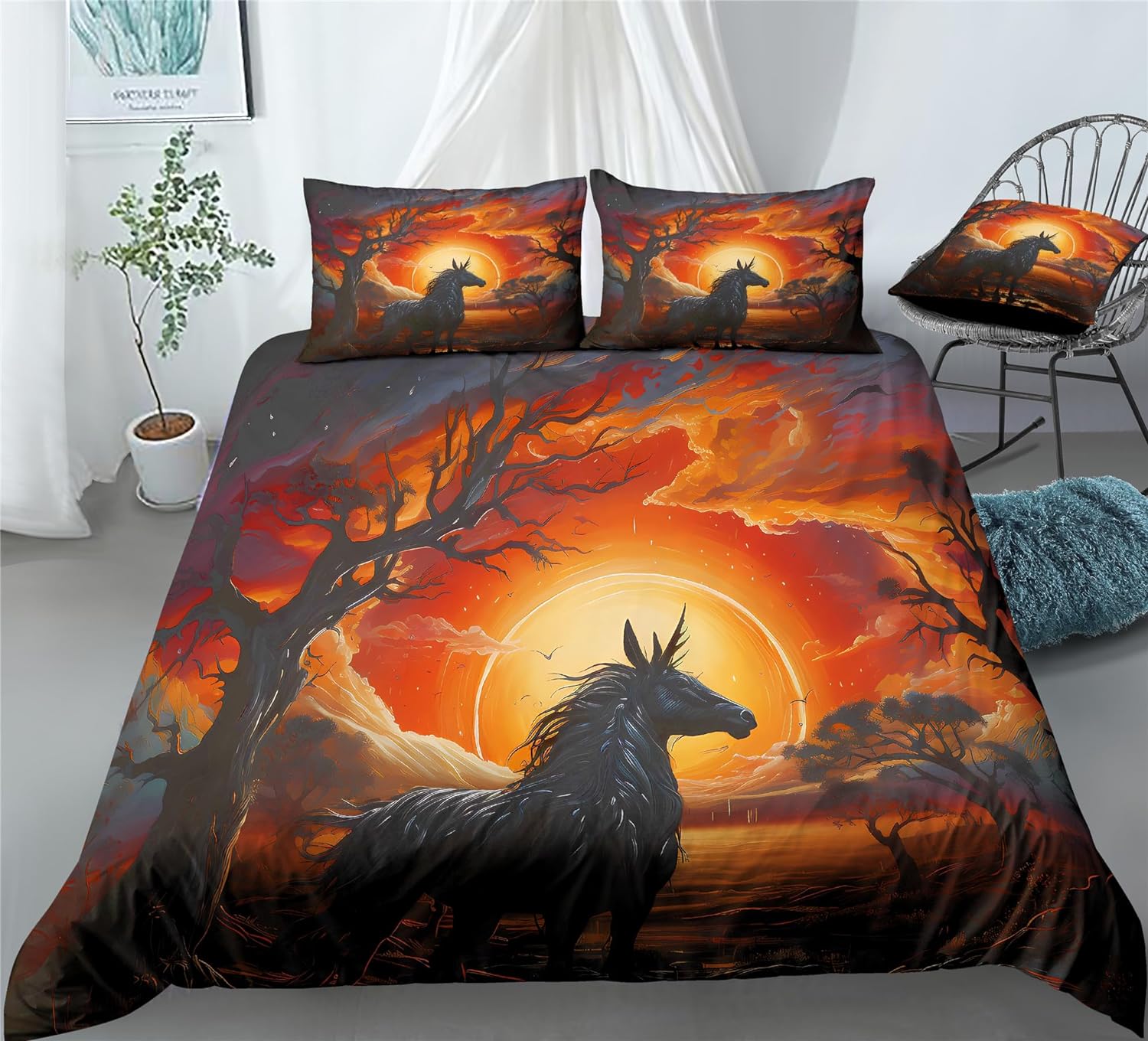 REALIN African Style Unicorns Bedding Black Unicorns Animal Duvet Cover Set Girl Boy Kids Bed Sets 2/3/4PCS Quilt Covers/Sheets/Pillow Shams,Twin/Full/Queen/King (B,Full-200x229cm-4PCS)