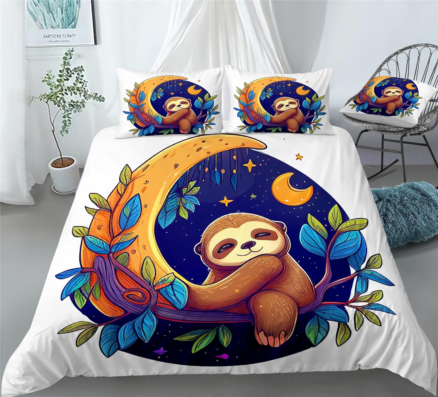 REALIN Forests Sloth Duvet Cover Set Hugging A Tree Sleeping Sloth Bedding Girl Boy Kids Bed Sets 2/3/4PCS Quilt Covers/Sheets/Pillow Shams,Twin/Full/Queen/King (B,Full-200x229cm-4PCS)