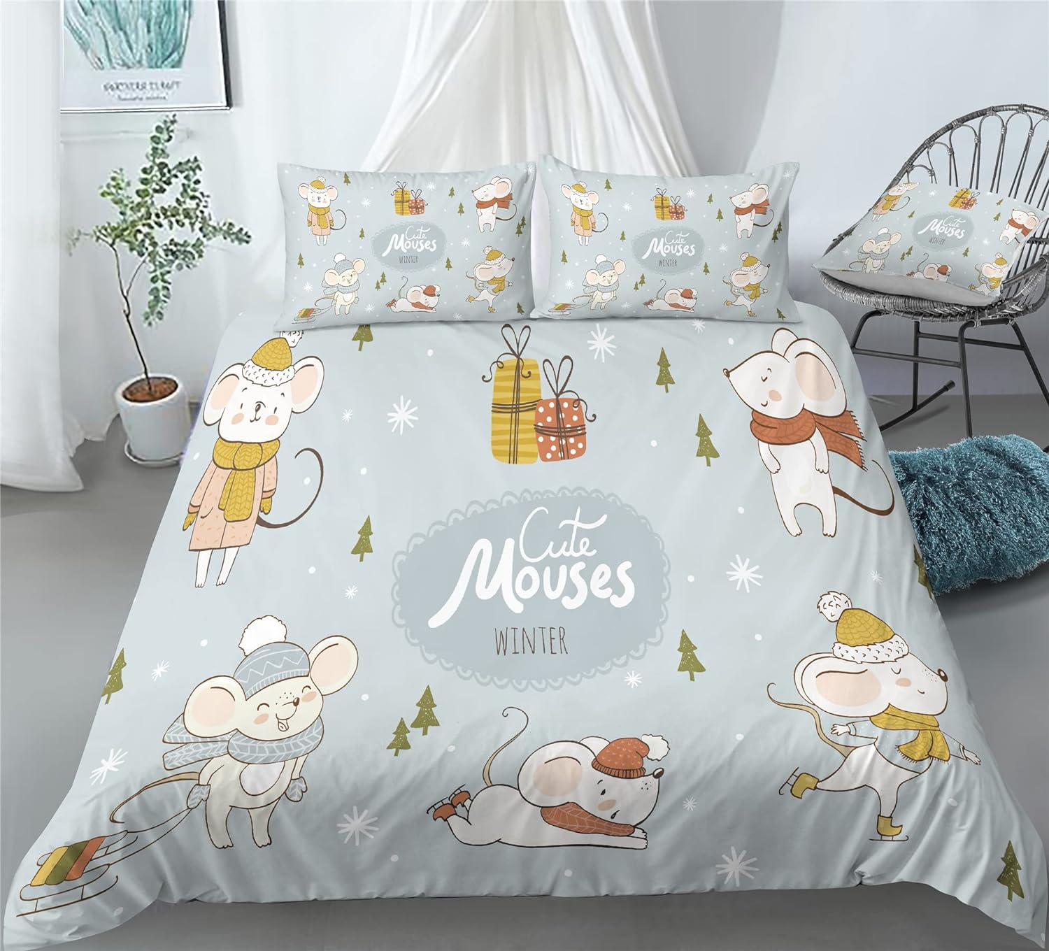 REALIN Christmas Mouse Print Bedding Mouse Receiving Gifts Print Duvet Cover Set Girl Boy Kids Bed Sets 2/3/4PCS Quilt Covers/Sheets/Pillow Shams,Twin/Full/Queen/King (A,Queen-228x228cm-3PCS)