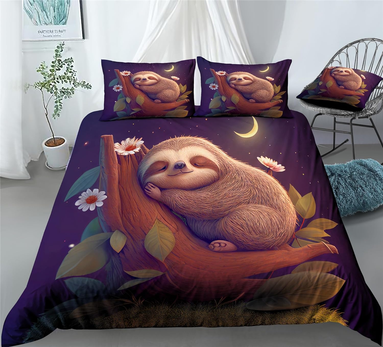 REALIN Forests Sloth Duvet Cover Set Hugging A Tree Sleeping Sloth Bedding Girl Boy Kids Bed Sets 2/3/4PCS Quilt Covers/Sheets/Pillow Shams,Twin/Full/Queen/King (B,Full-200x229cm-4PCS)