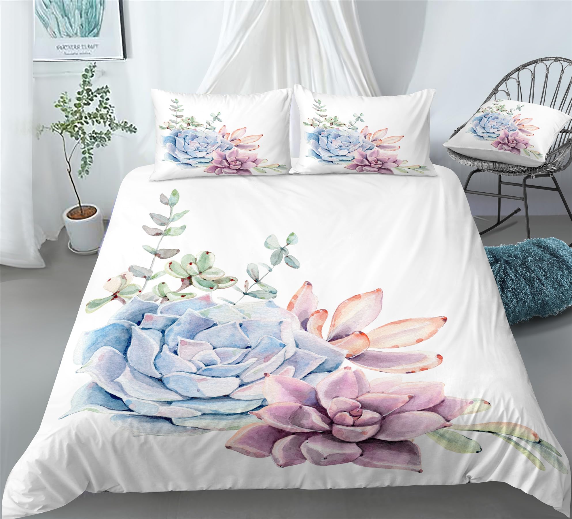 REALIN Hand-Painted Succulent Duvet Cover Set Desert Plant Scrub Cactus Bedding Girl Boy Kids Bed Sets 2/3/4PCS Quilt Covers/Sheets/Pillow Shams,Twin/Full/Queen/King (C,King-229x259cm-3PCS)