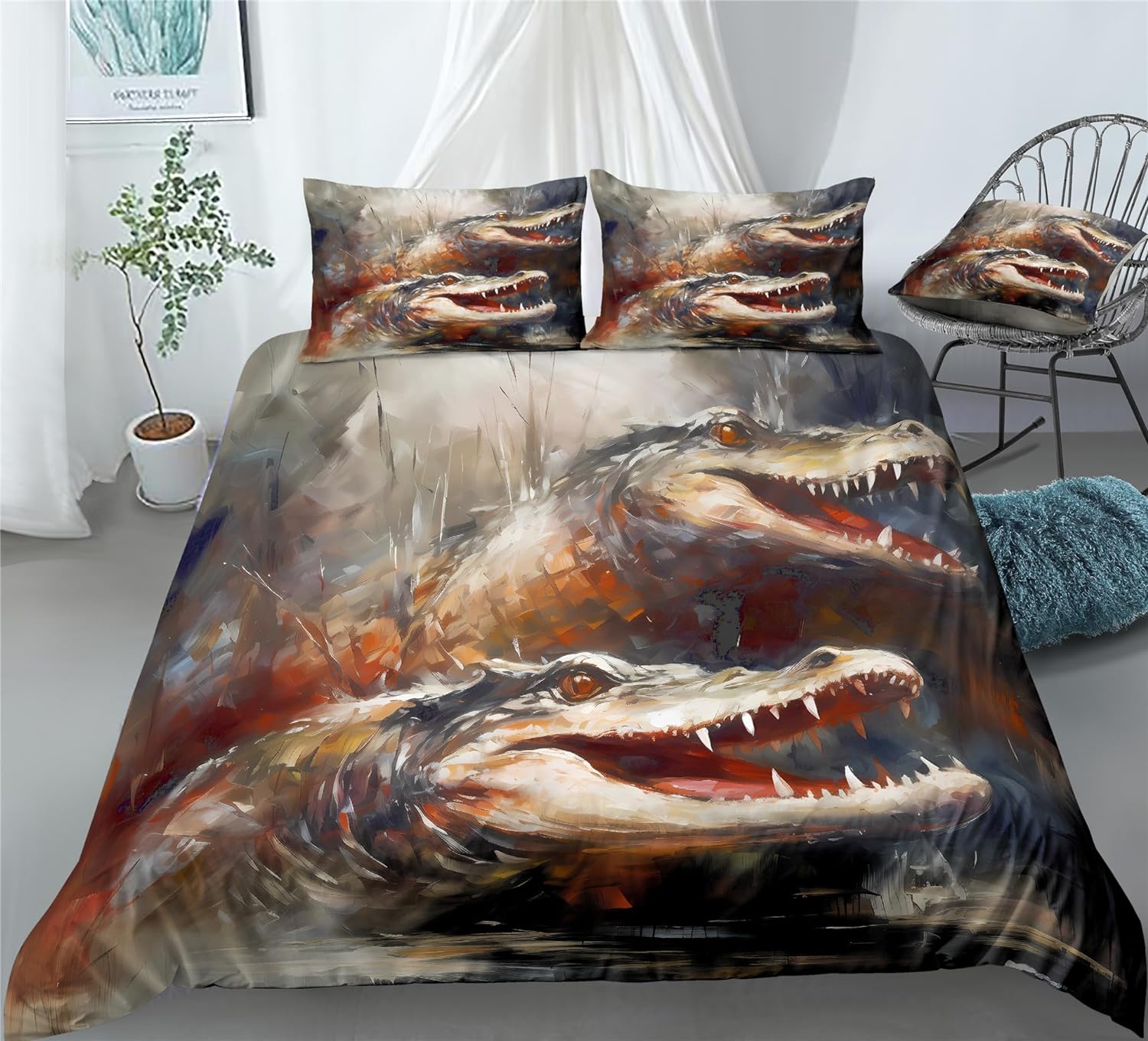 REALIN Crocodile Bedding Crocodile Opening Its Bloody Mouth Duvet Cover Set Girl Boy Kids Bed Sets 2/3/4PCS Quilt Covers/Sheets/Pillow Shams,Twin/Full/Queen/King (B,Twin-172x218cm-4PCS)