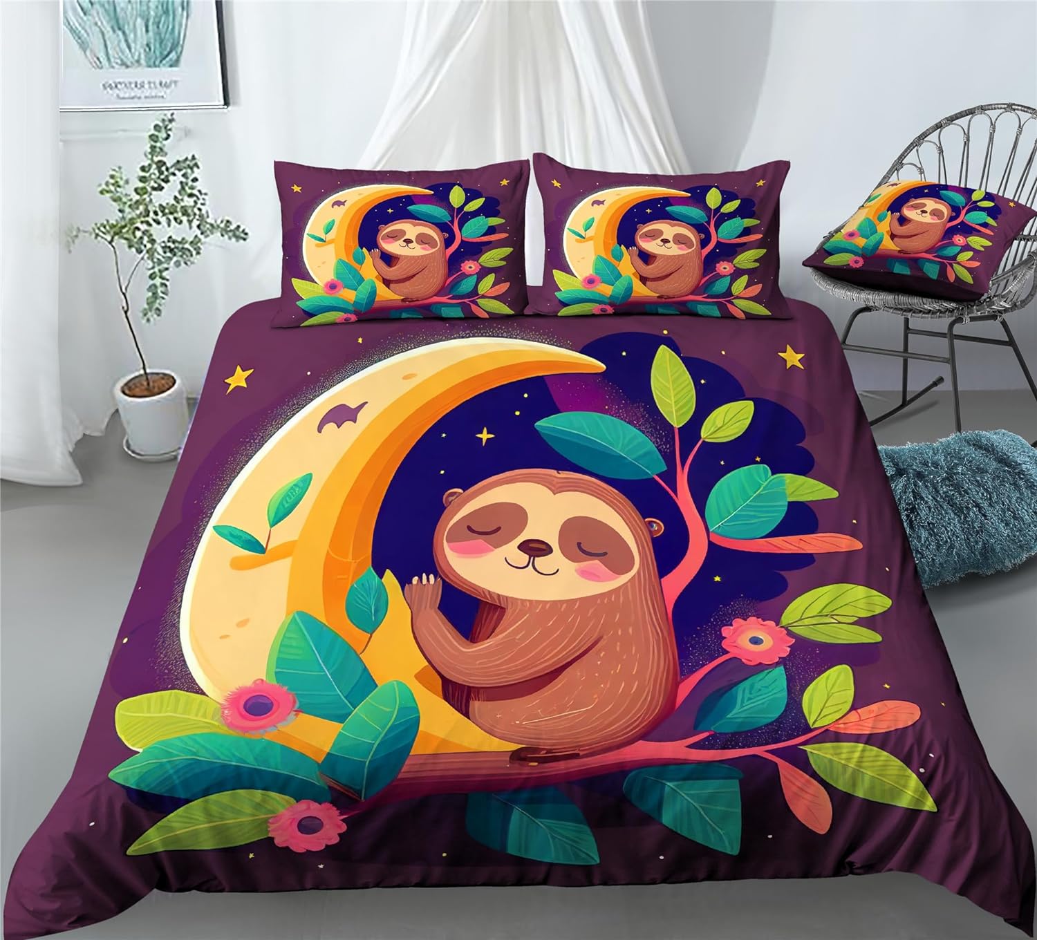 REALIN Laziness Cute Sloth Animal Bedding Cartoon Sloth Duvet Cover Set Girl Boy Kids Bed Sets 2/3/4PCS Quilt Covers/Sheets/Pillow Shams,Twin/Full/Queen/King (A,Full-200x229cm-3PCS)