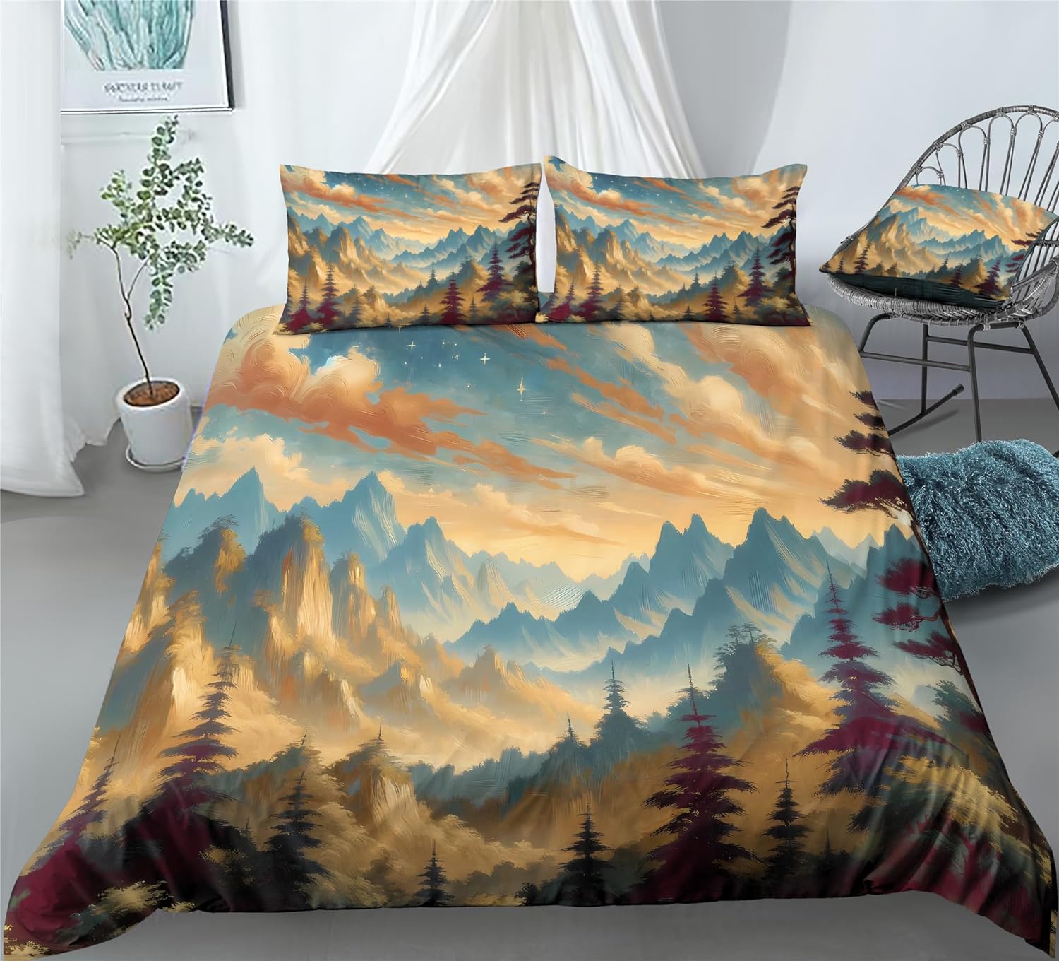 REALIN Mountain Forest Duvet Cover Set Cloud and Mist on The Mountaintop Bedding Girl Boy Kids Bed Sets 2/3/4PCS Quilt Covers/Sheets/Pillow Shams,Twin/Full/Queen/King (B,Queen-228x228cm-3PCS)