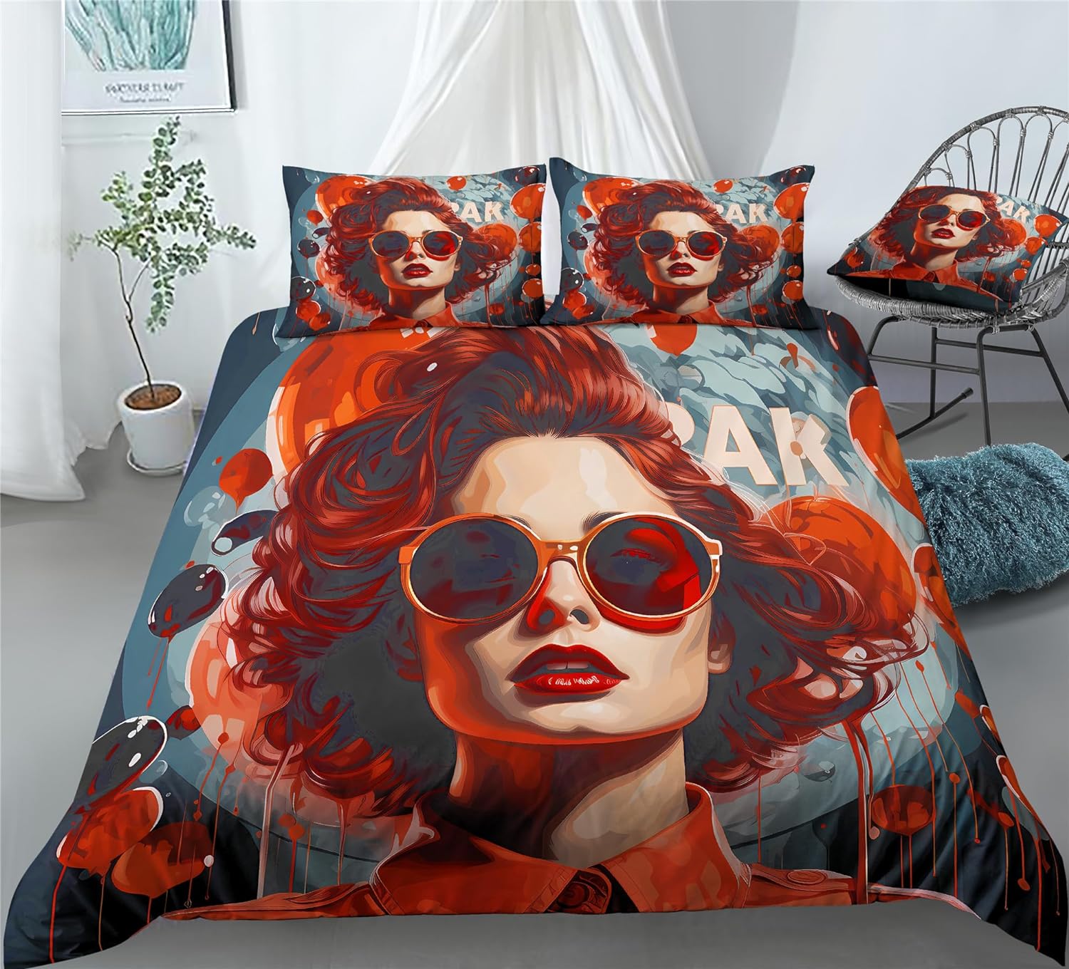 REALIN Retro Art Bedding Elegant Women Duvet Cover Set Retro POP Art Classics Women Art Bed Sets 2/3/4PCS Quilt Covers/Sheets/Pillow Shams,Twin/Full/Queen/King (A,Twin-172x218cm-3PCS)