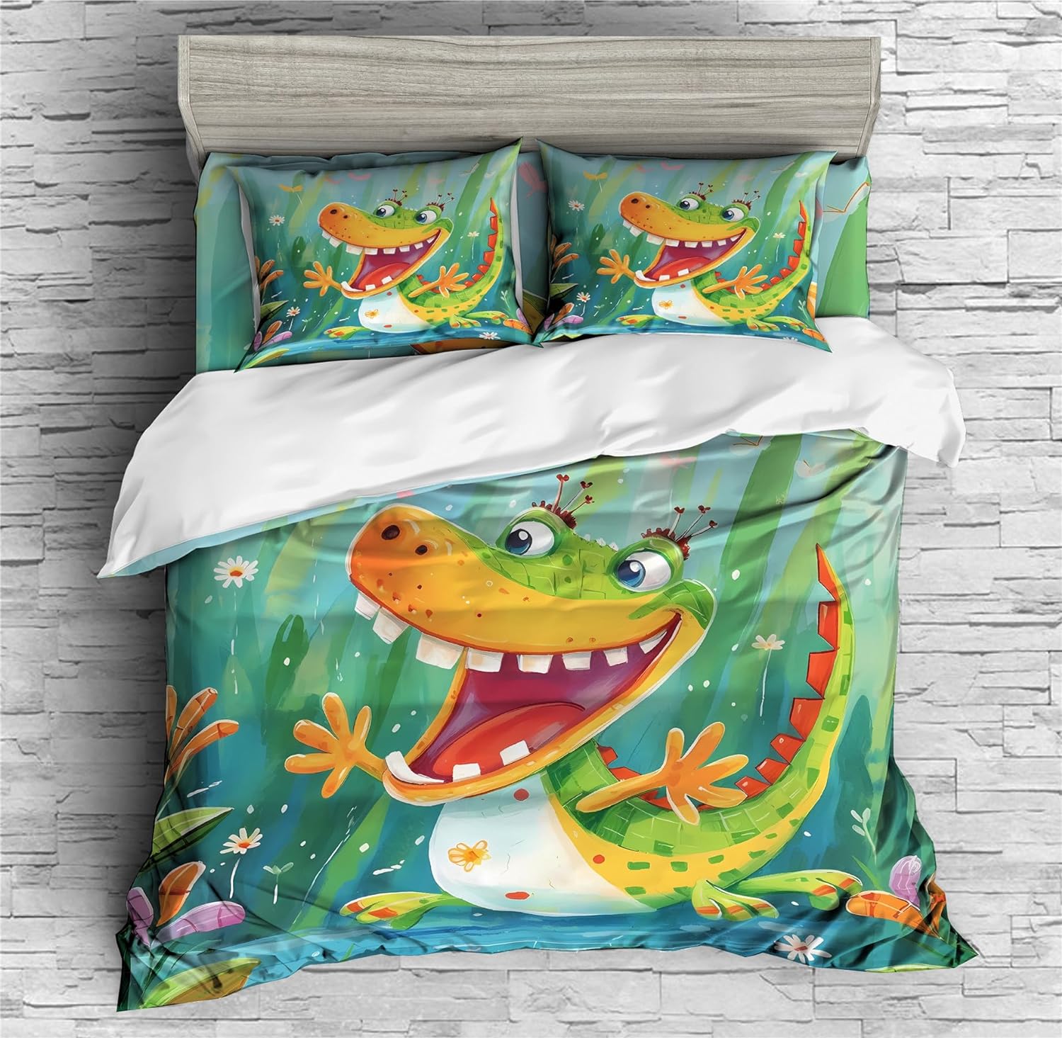 REALIN Cute Baby Crocodile Bedding Cartoon Crocodile Wildlife Duvet Cover Set Girl Boy Kids Bed Sets 2/3/4PCS Quilt Covers/Sheets/Pillow Shams,Twin/Full/Queen/King (B,King-229x259cm-4PCS)