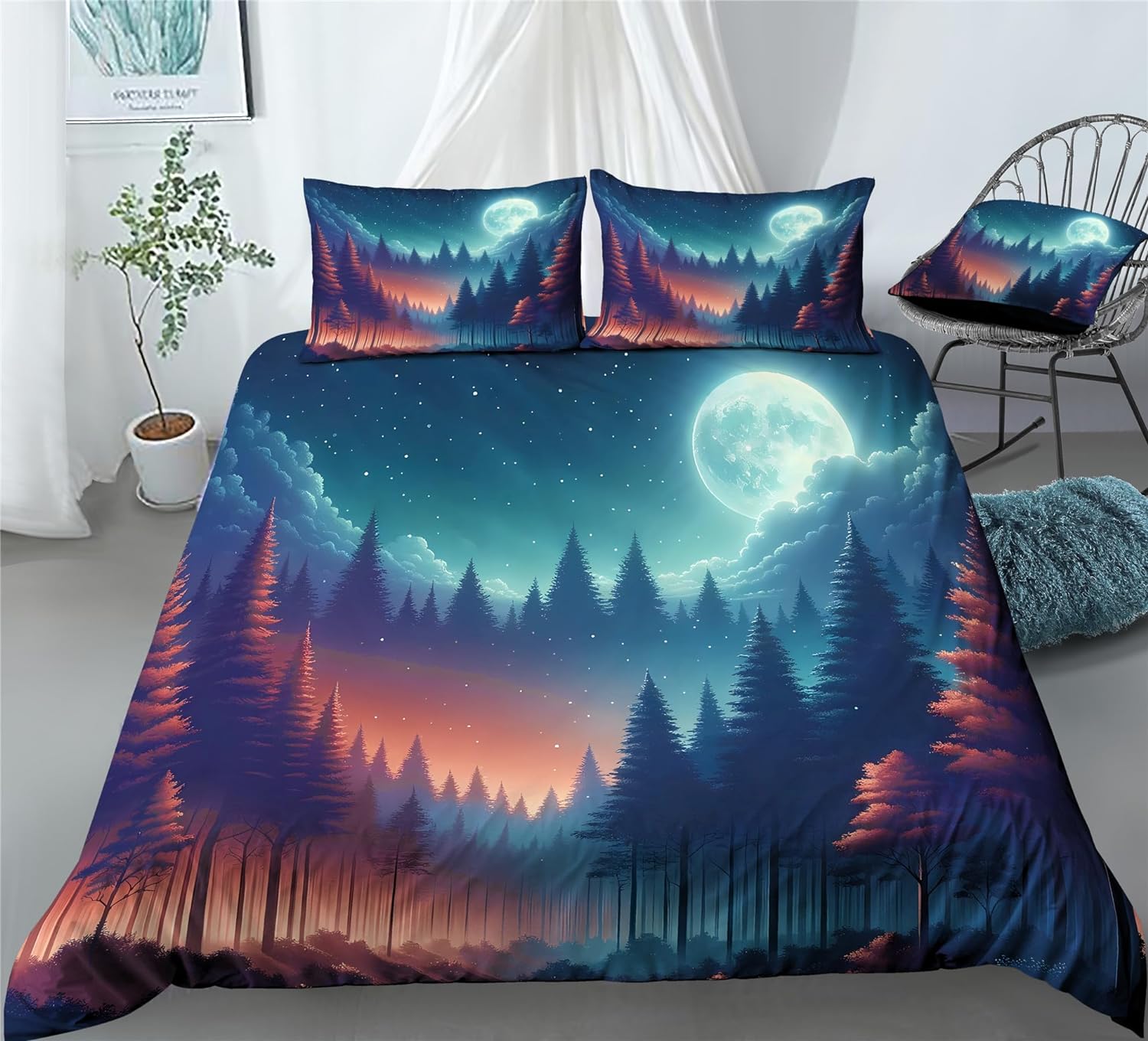 REALIN Forests Clouds and Mist Bedding Starry Sky Mountain Range Duvet Cover Set Girl Boy Kids Bed Sets 2/3/4PCS Quilt Covers/Sheets/Pillow Shams,Twin/Full/Queen/King (B,Full-200x229cm-3PCS)